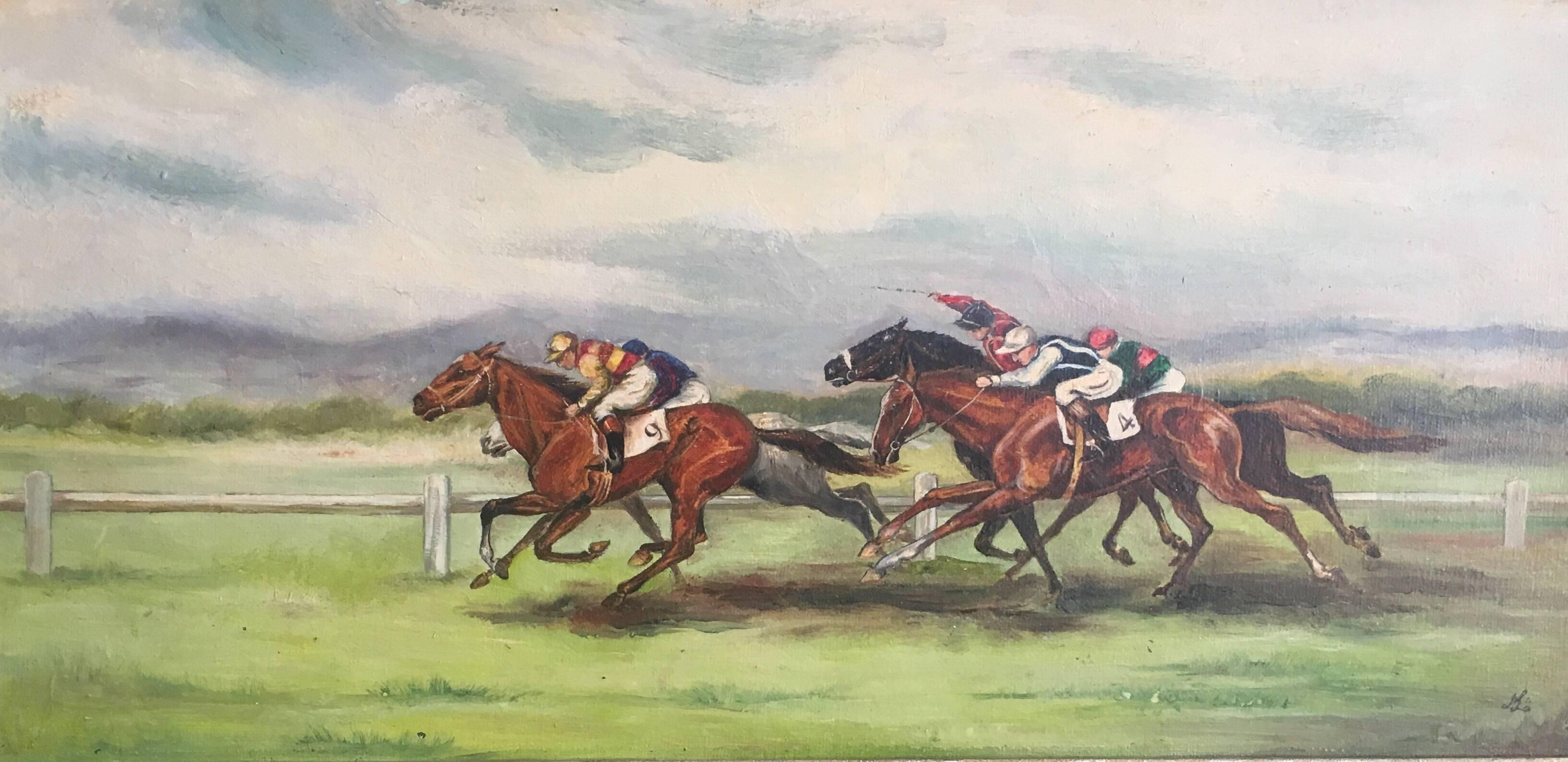 Unknown Animal Painting - The Horse Race, Signed English Oil Painting 