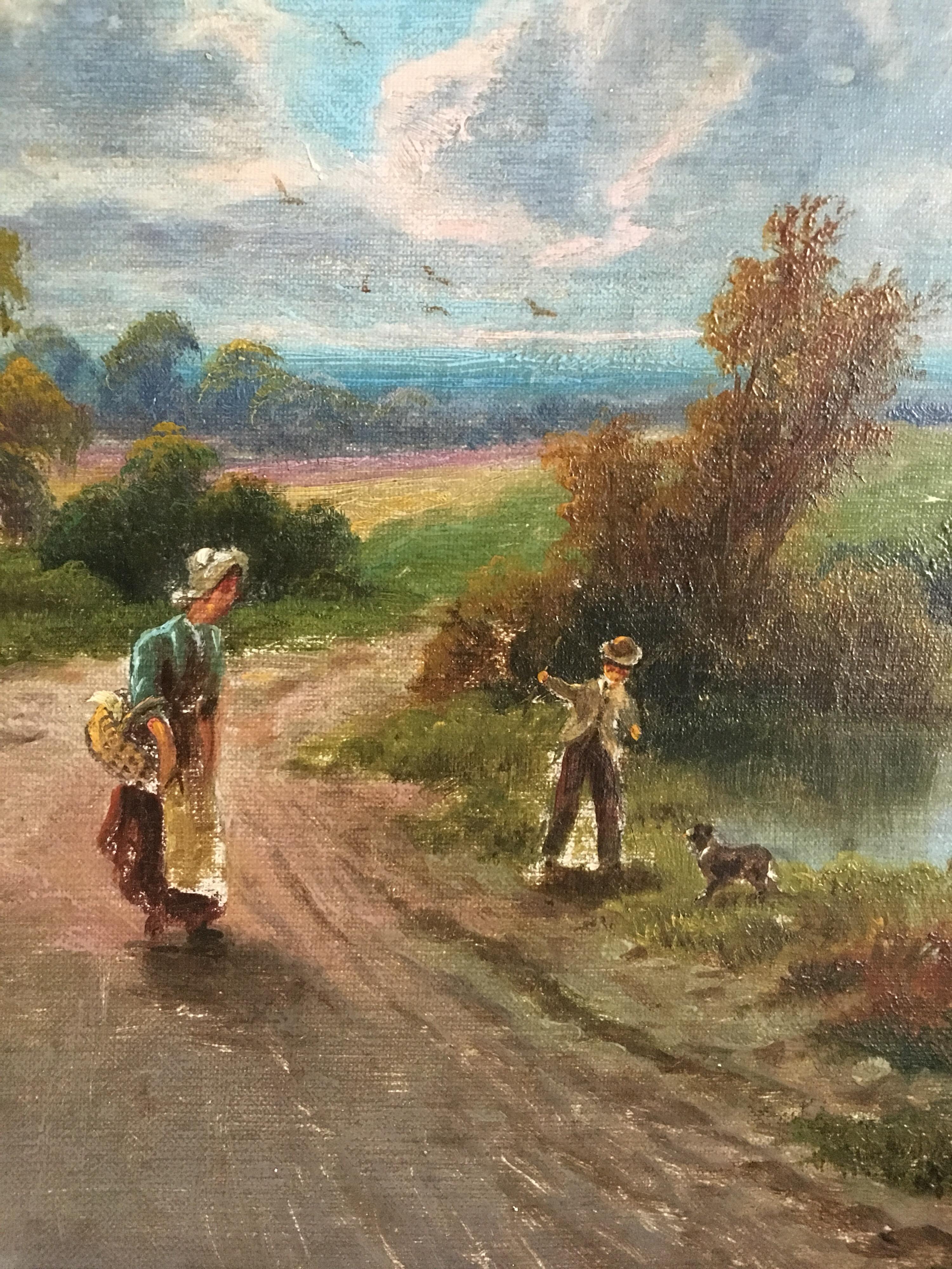The Rural Road, Countryside Landscape Antique Oil Painting - Brown Figurative Painting by Unknown