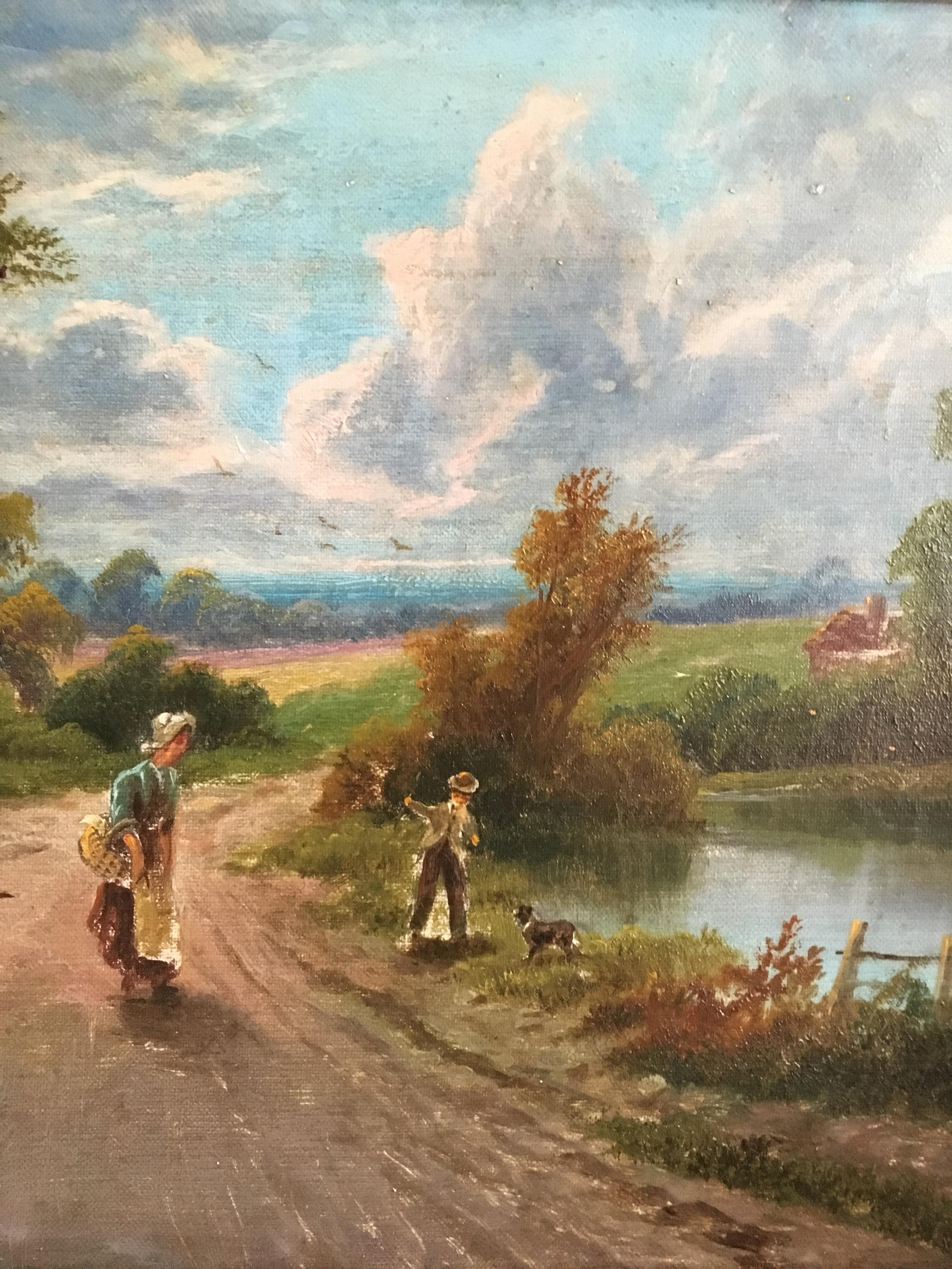 The Rural Road, Countryside Landscape
British School, circa 1900
Oil painting on canvas, framed
Frame size: 20 x 25 inches

Exquisite antique oil painting, depicting an old rural lane with a family pushing their cart and walking the dog.  The road
