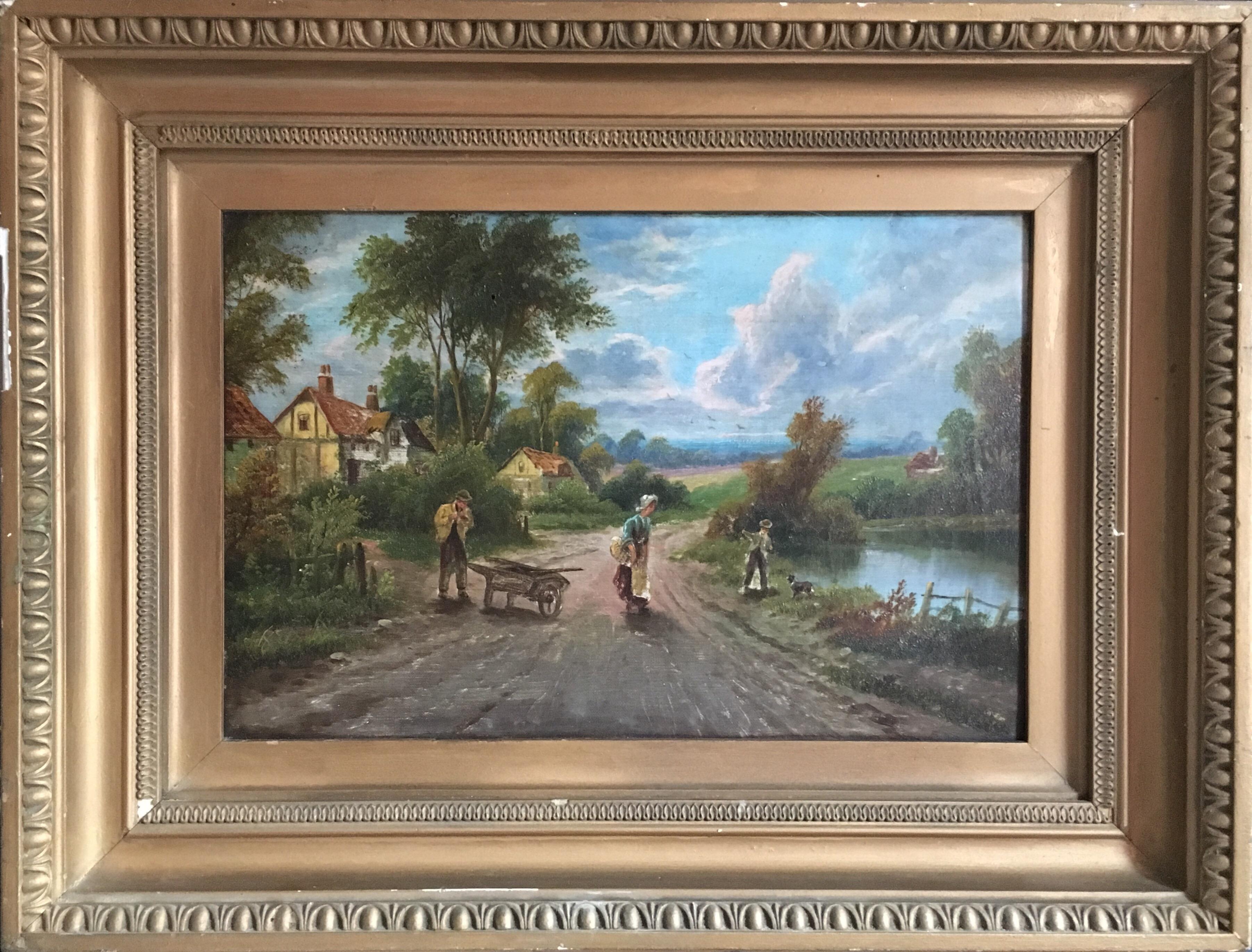 Unknown Figurative Painting - The Rural Road, Countryside Landscape Antique Oil Painting