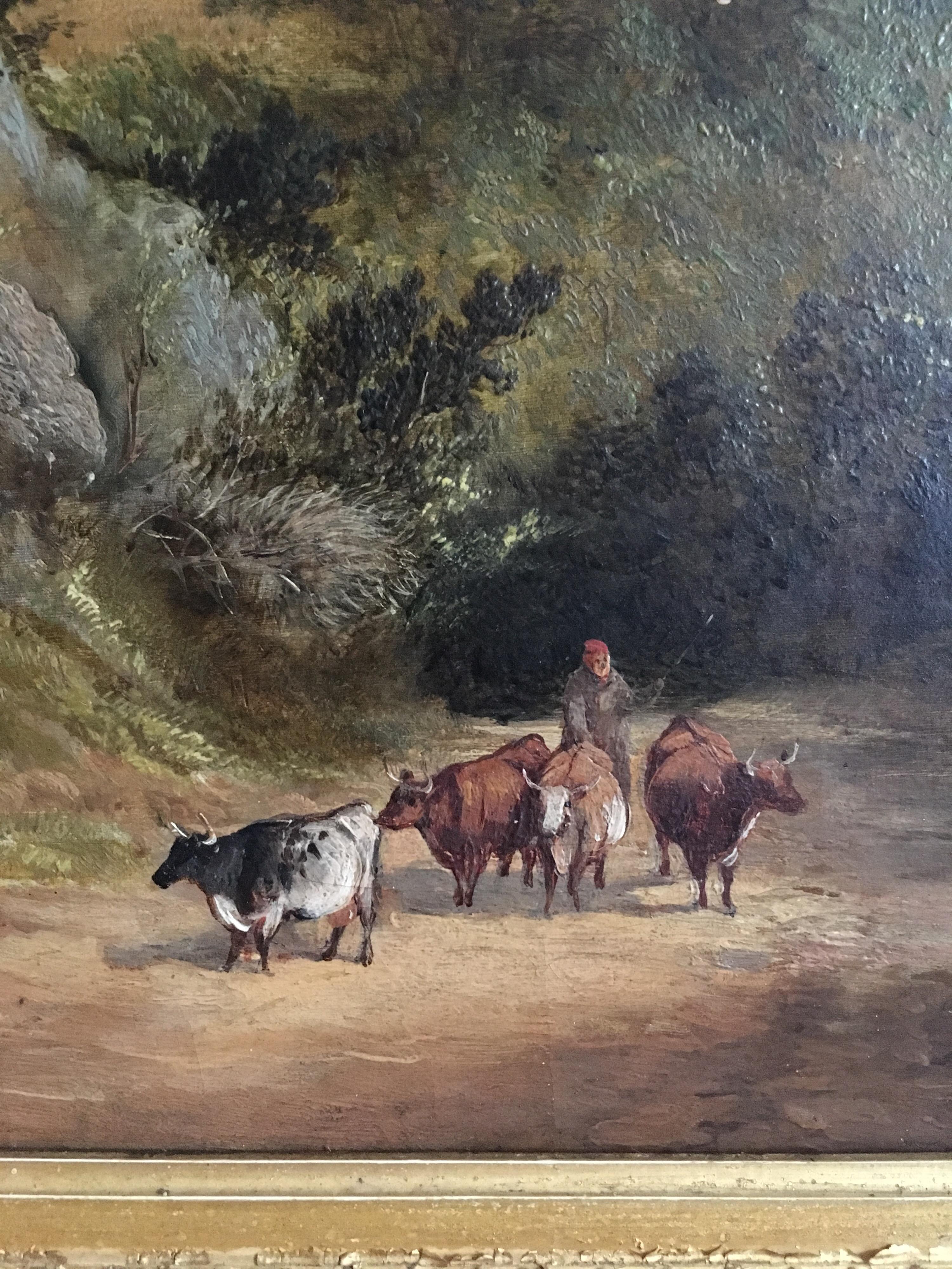 The Travelling Herd, Early Victorian Landscape, Oil Painting - Brown Animal Painting by Unknown