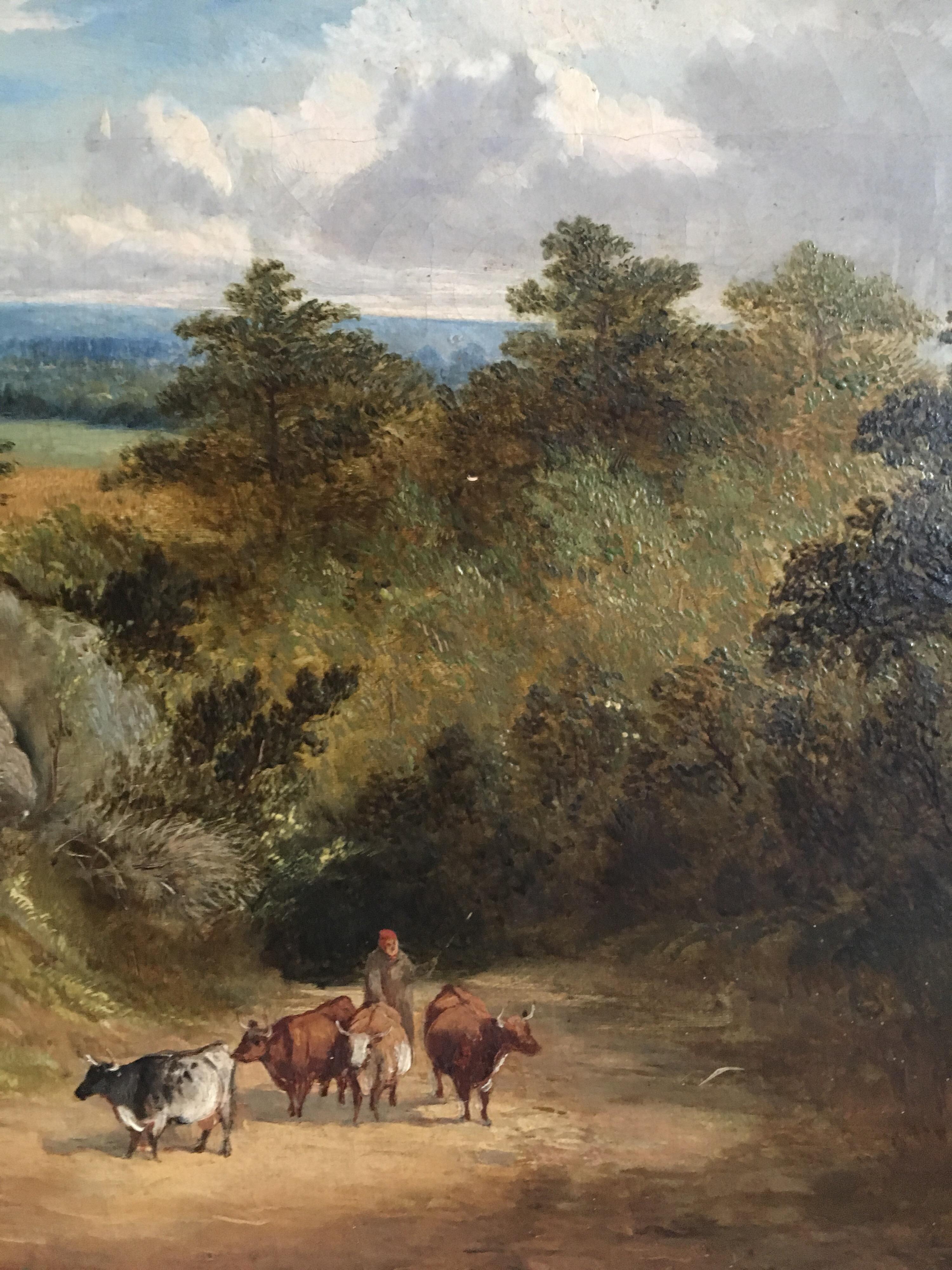 The Travelling Herd, Early Victorian Landscape, Oil Painting For Sale 2