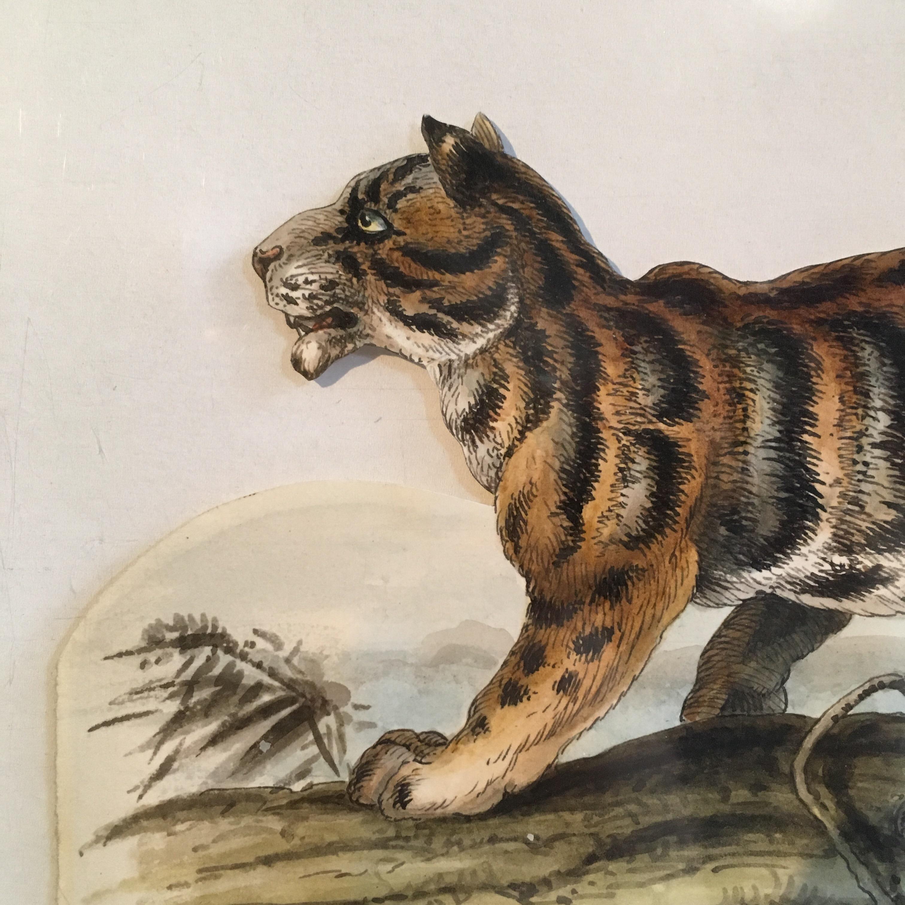 Tiger Antique Watercolour, British Artist, Original Painting - Beige Portrait Painting by Unknown
