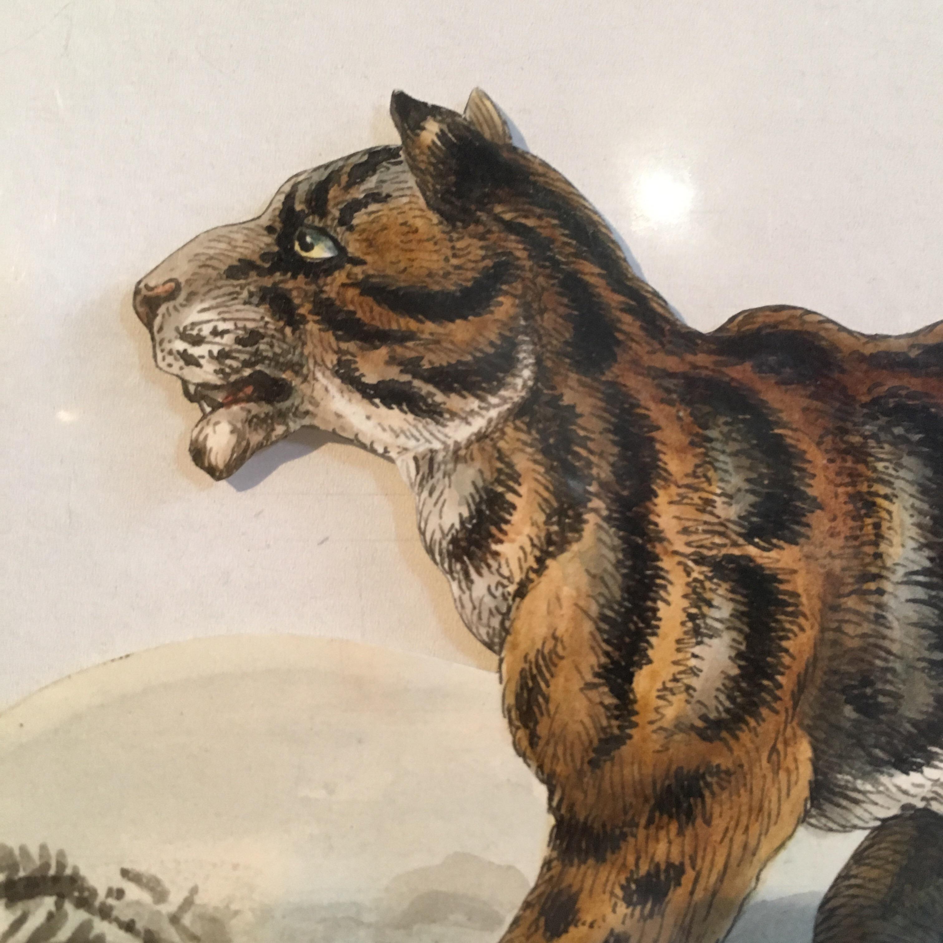 Tiger Antique Watercolour, British Artist, Original Painting
By British artist, early 20th Century
Watercolour and Pencil, cut out and attached to board, framed in board
Framed size: 14.5 x 13 inches

Exquisite portrayal of a magnificent tiger,