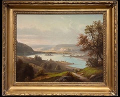 1800's British Oil Landscape Far Reaching Lake Landscape View Figures & Boats