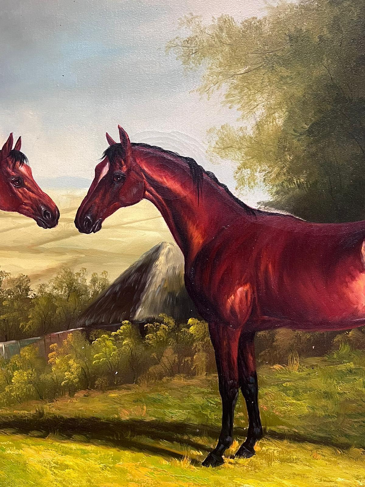 Huge British Sporting Art Oil Painting Two Chestnut Horses in Landscape framed 8