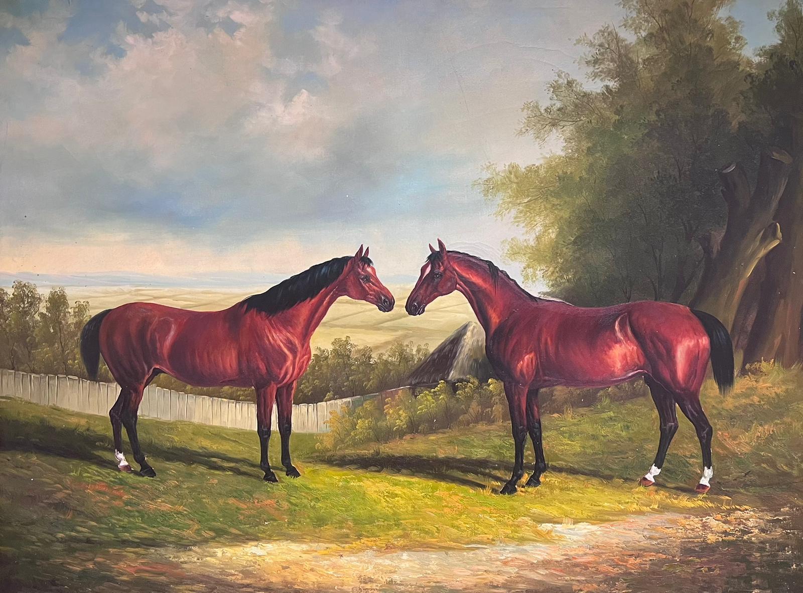 Chestnut Horses Standing in Landscape
British School, 20th century
(painted in an earlier style)
oil on canvas, framed in green and gilt frame. 
framed: 42 x 54 inches
canvas: 36.5 x 47.5 inches
provenance: private collection, England
condition: