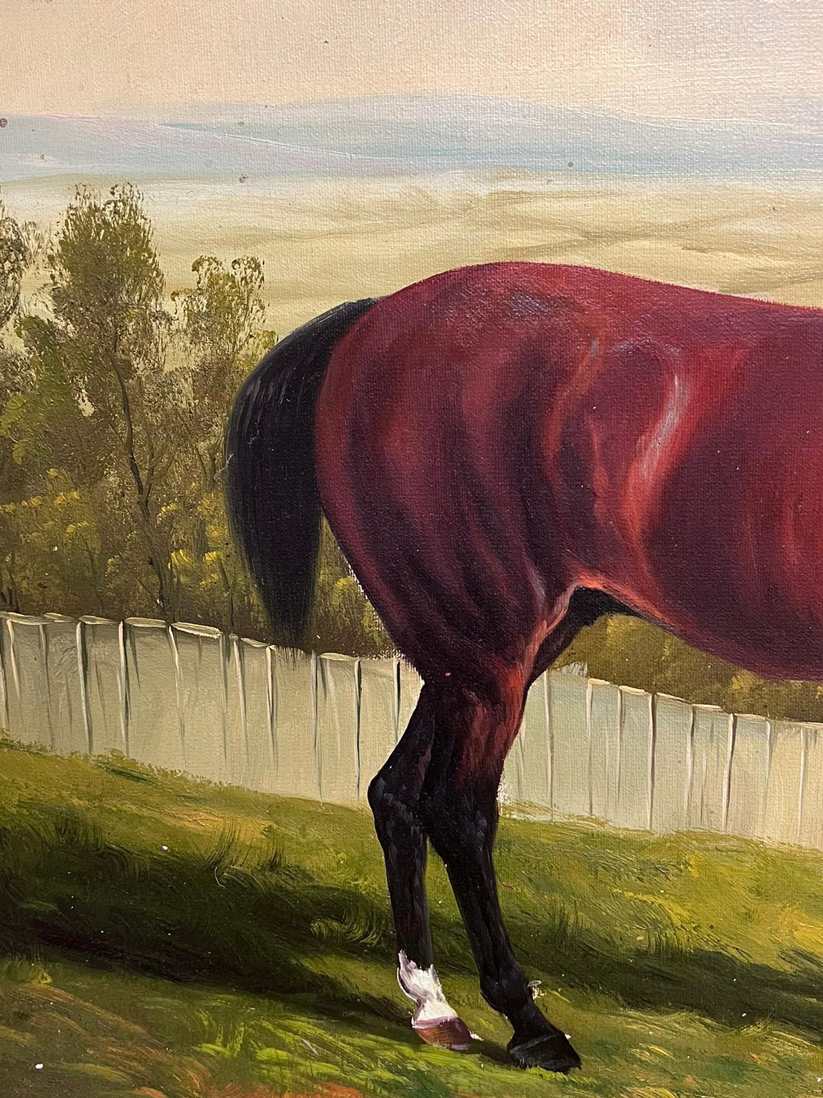 Huge British Sporting Art Oil Painting Two Chestnut Horses in Landscape framed 3
