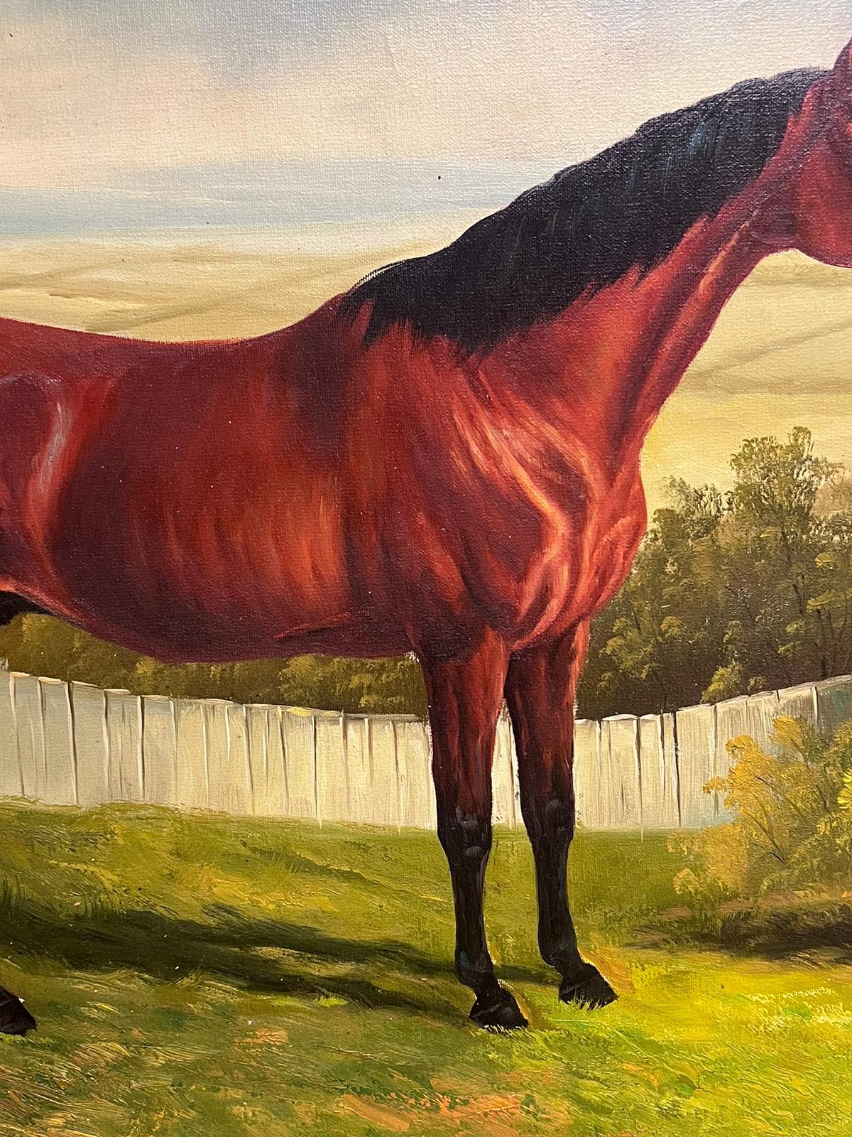 Huge British Sporting Art Oil Painting Two Chestnut Horses in Landscape framed 4