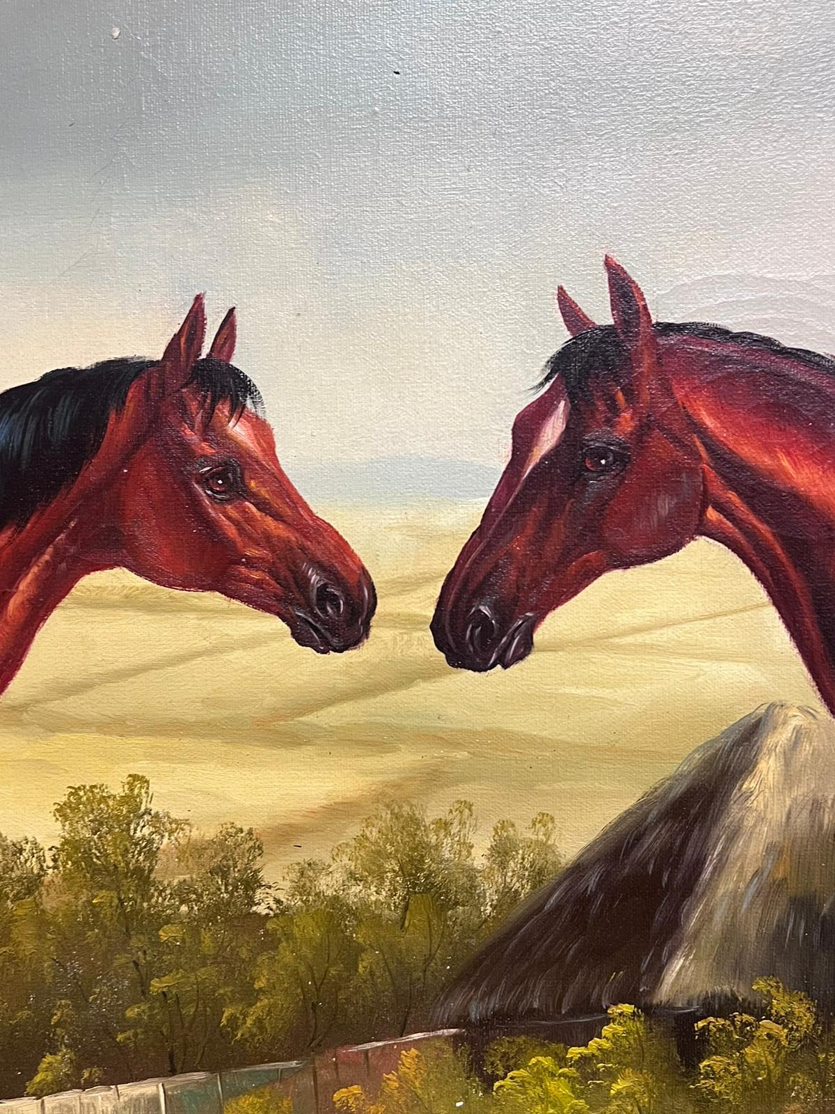 Huge British Sporting Art Oil Painting Two Chestnut Horses in Landscape framed 5