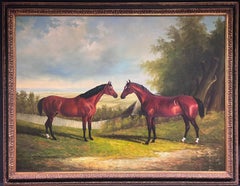 Enorme cuadro al óleo de British Sporting Art Dos caballos alazanes en un paisaje enmarcado