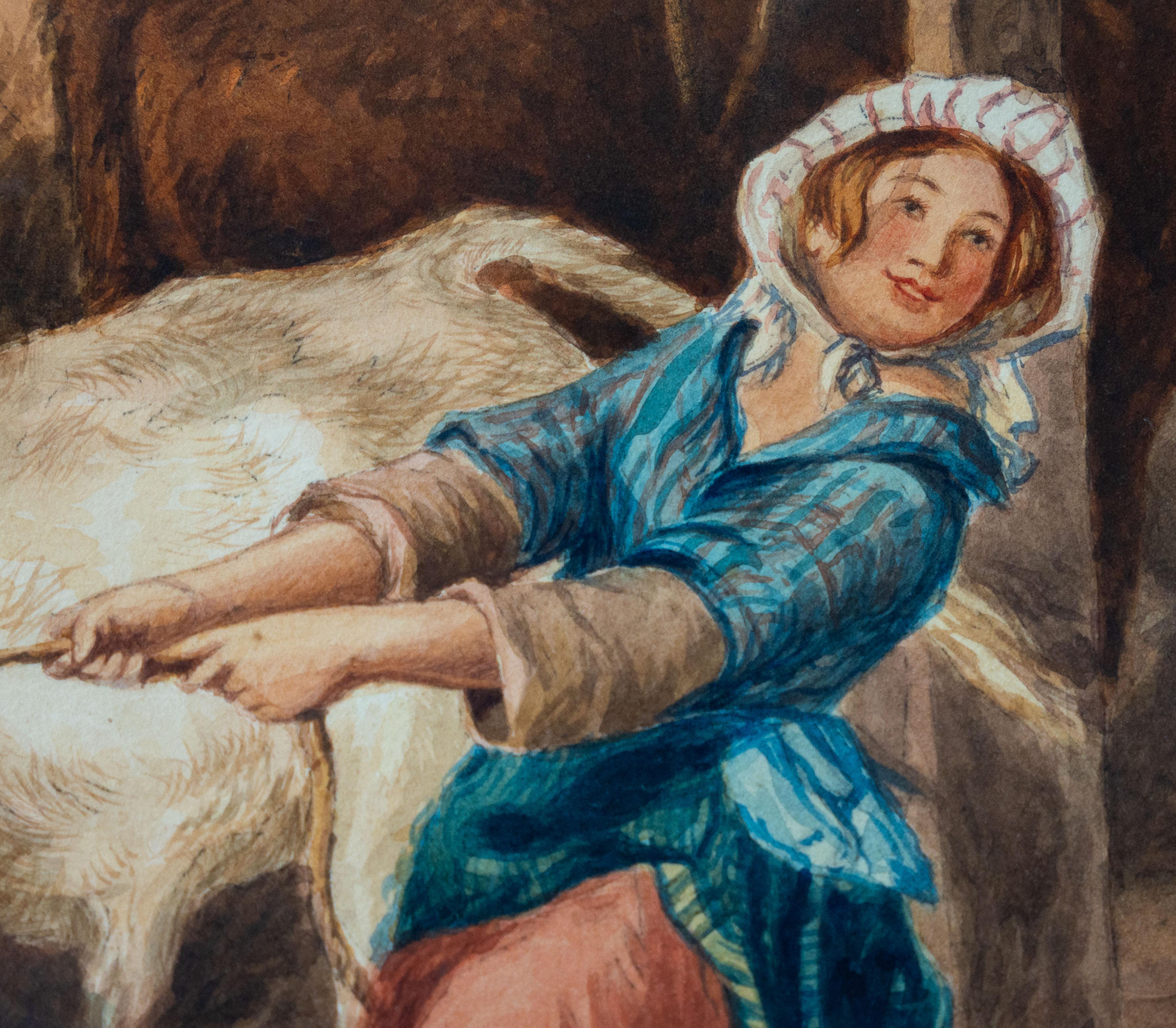 Esta acuarela animada y suavemente humorística, típica de la Escuela Británica del siglo XIX, capta un momento rural espontáneo: una mujer agarrando a una vaca desbocada que se ha soltado de su atadura.

El primer plano está animado por la figura de