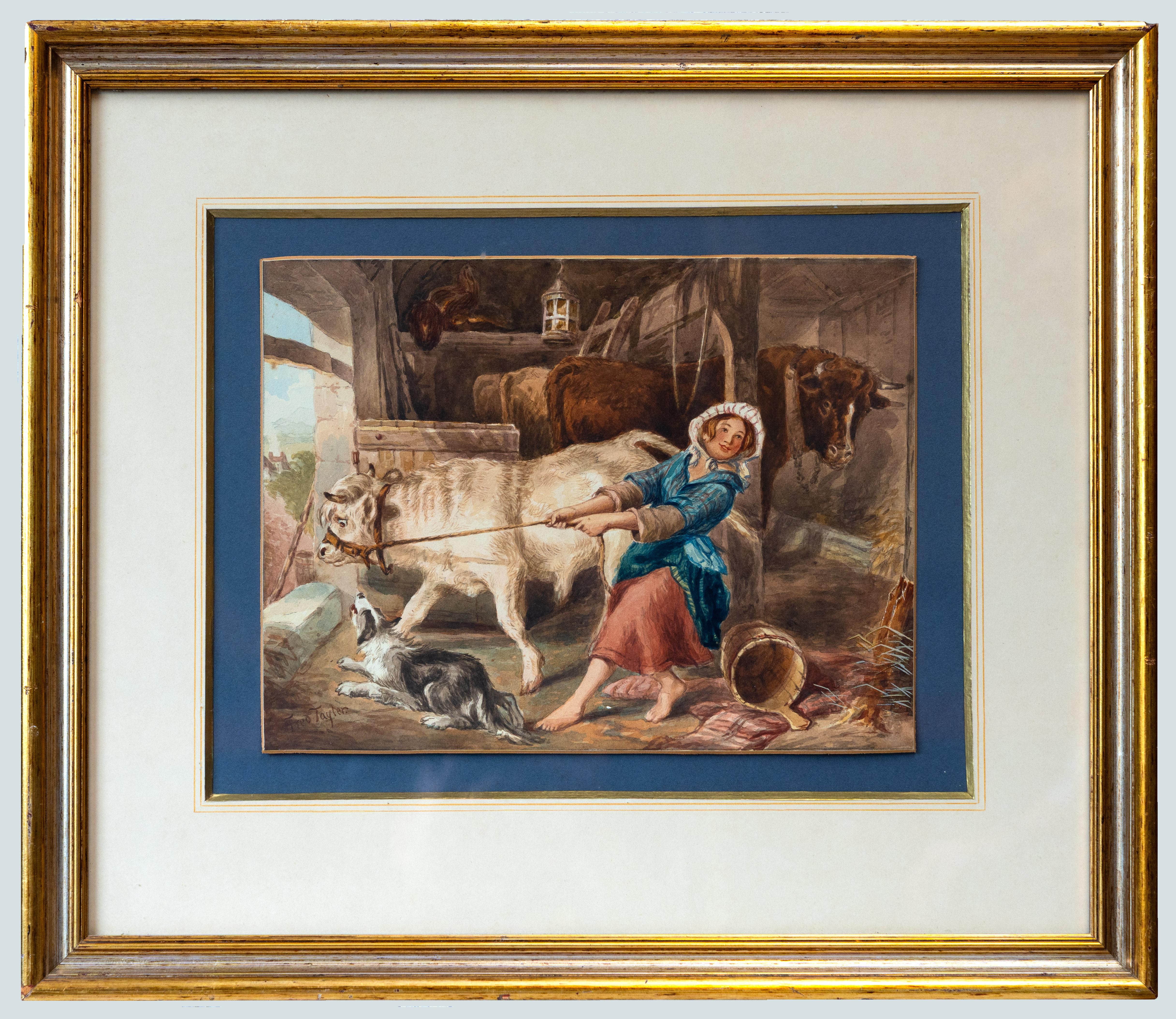 Animal Painting de British School - Escena rural, English School Siglo XIX, acuarela, firmada John Fred Tayler