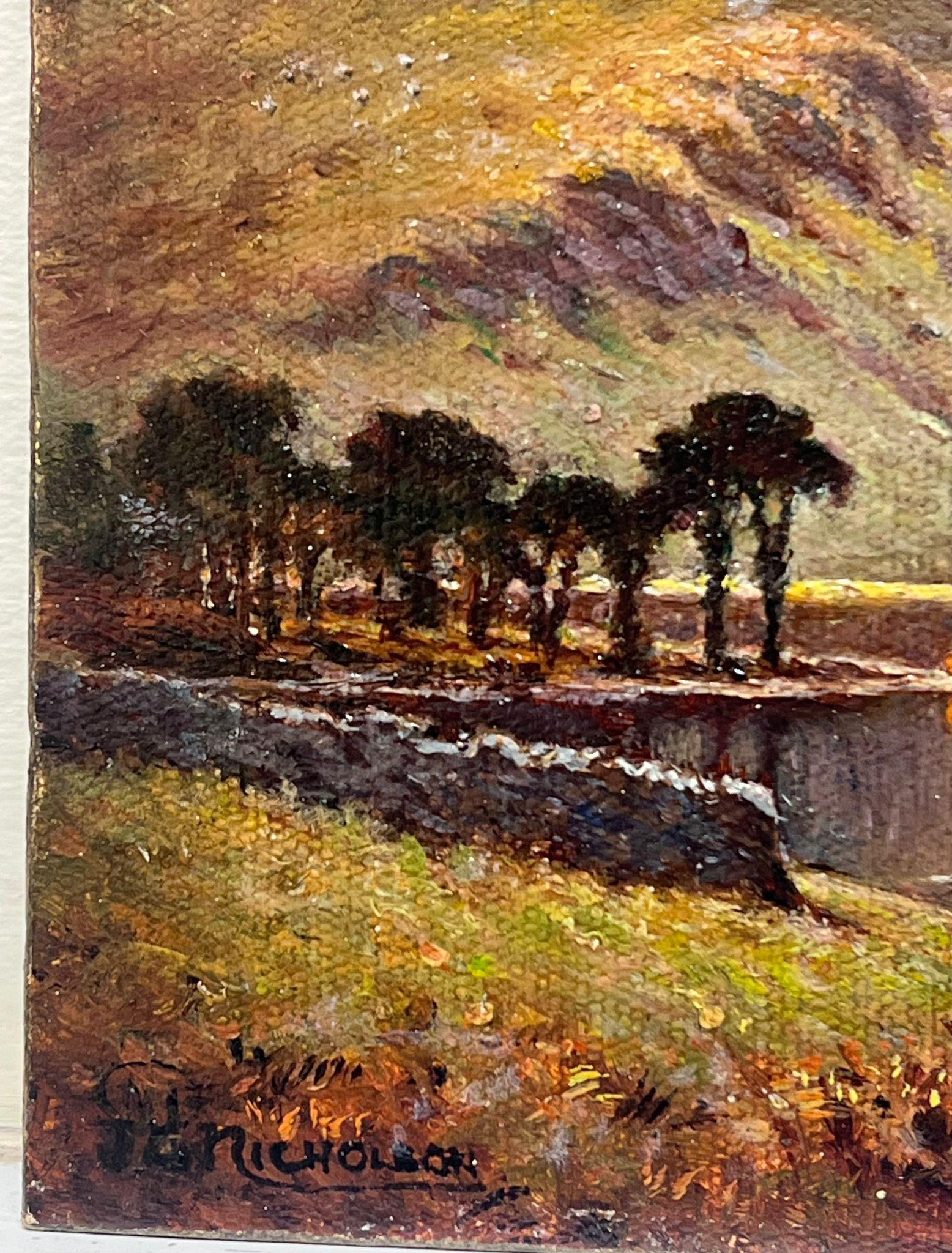 Sunset English Lake District Cattle Watering Waters Edge Signed Oil Painting - Brown Landscape Painting by British School
