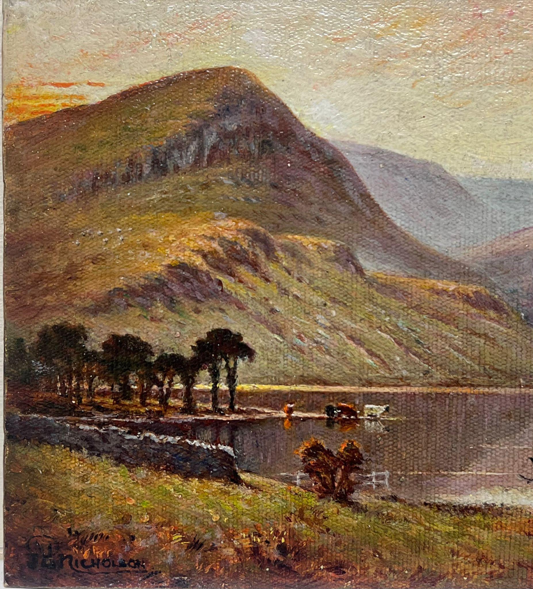 Peinture à l'huile signée Sunset English Lake District Cattle Watering Waters Edge - Moderne Painting par British School