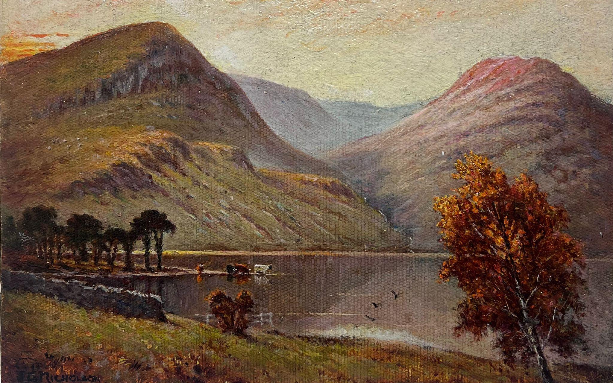 Sunset English Lake District Cattle Watering Waters Edge Signed Oil Painting For Sale 3