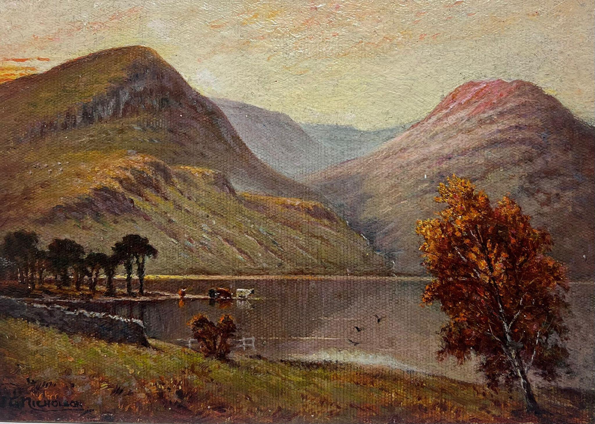 Landscape Painting British School - Peinture à l'huile signée Sunset English Lake District Cattle Watering Waters Edge