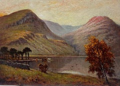 Peinture à l'huile signée Sunset English Lake District Cattle Watering Waters Edge