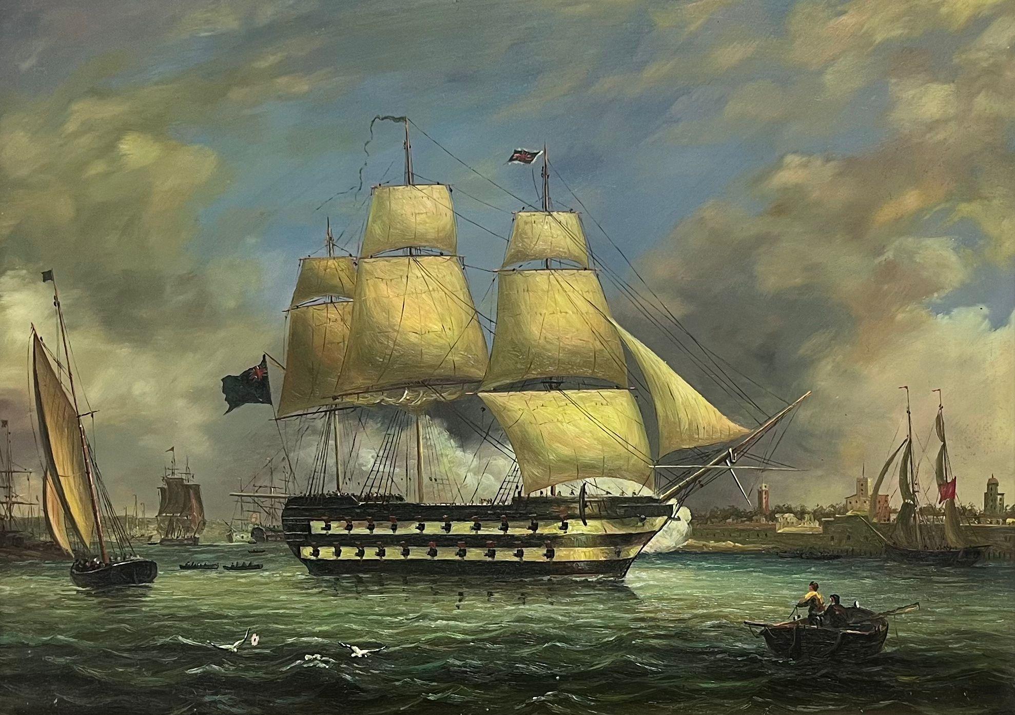 Il saluto serale dei cannoni Nave navale classica in porto Pittura ad olio classica britannica - Painting di British School