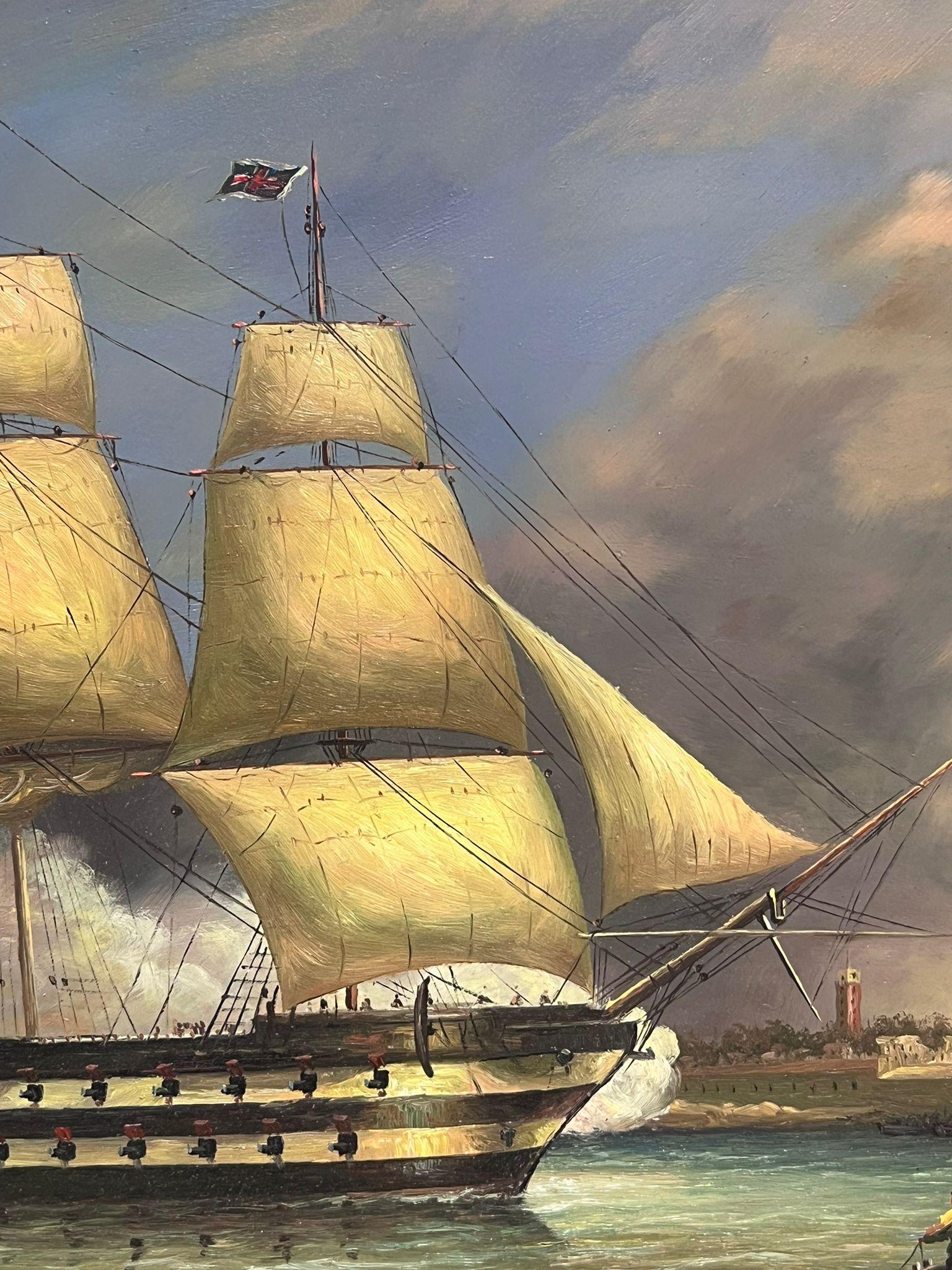 Il saluto serale dei cannoni Nave navale classica in porto Pittura ad olio classica britannica - Painting Scuola inglese di British School