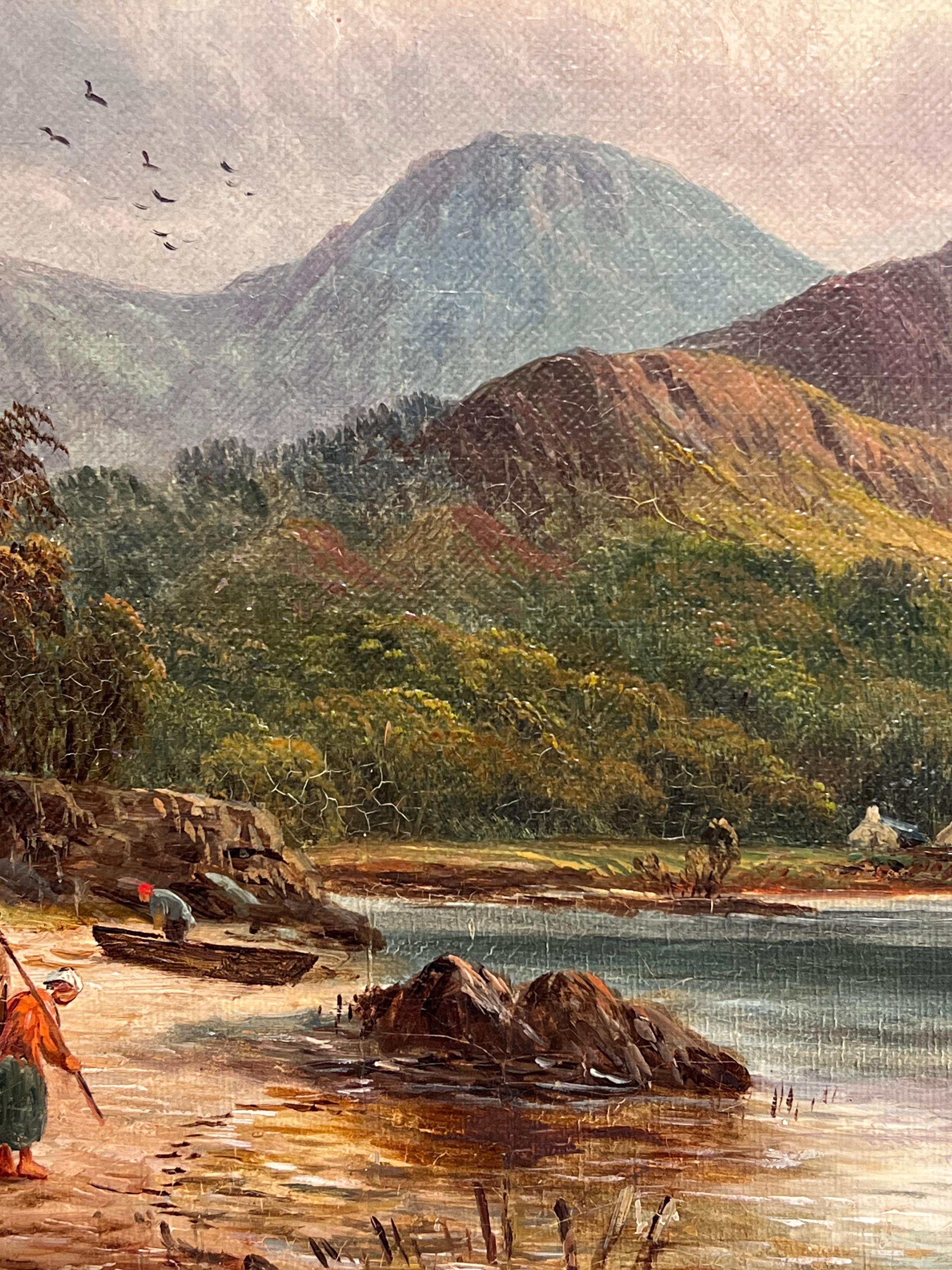 Victorian Signed Oil Painting Figure by Highland Cottage & Loch in Mountains For Sale 7