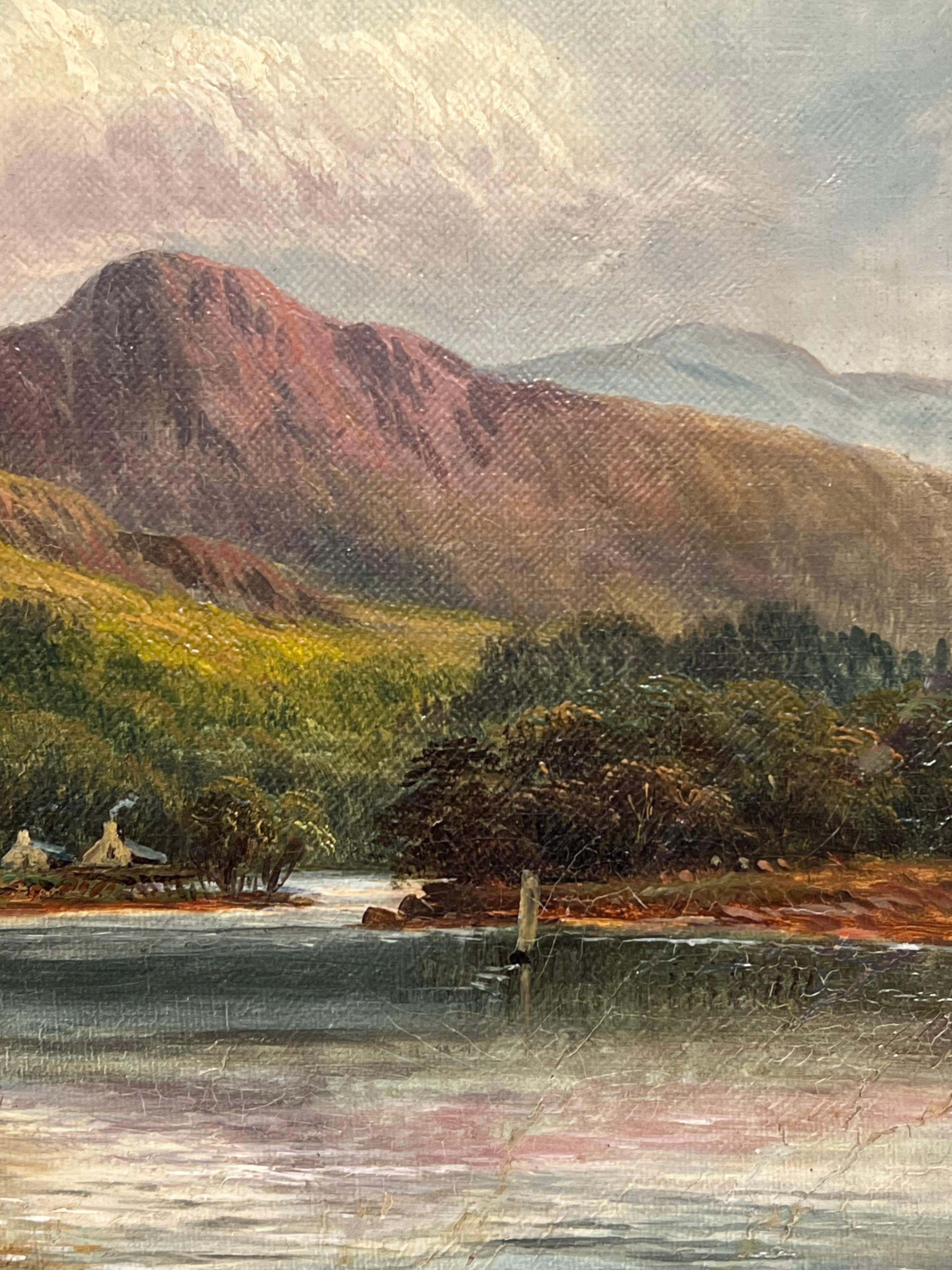 Victorian Signed Oil Painting Figure by Highland Cottage & Loch in Mountains For Sale 8