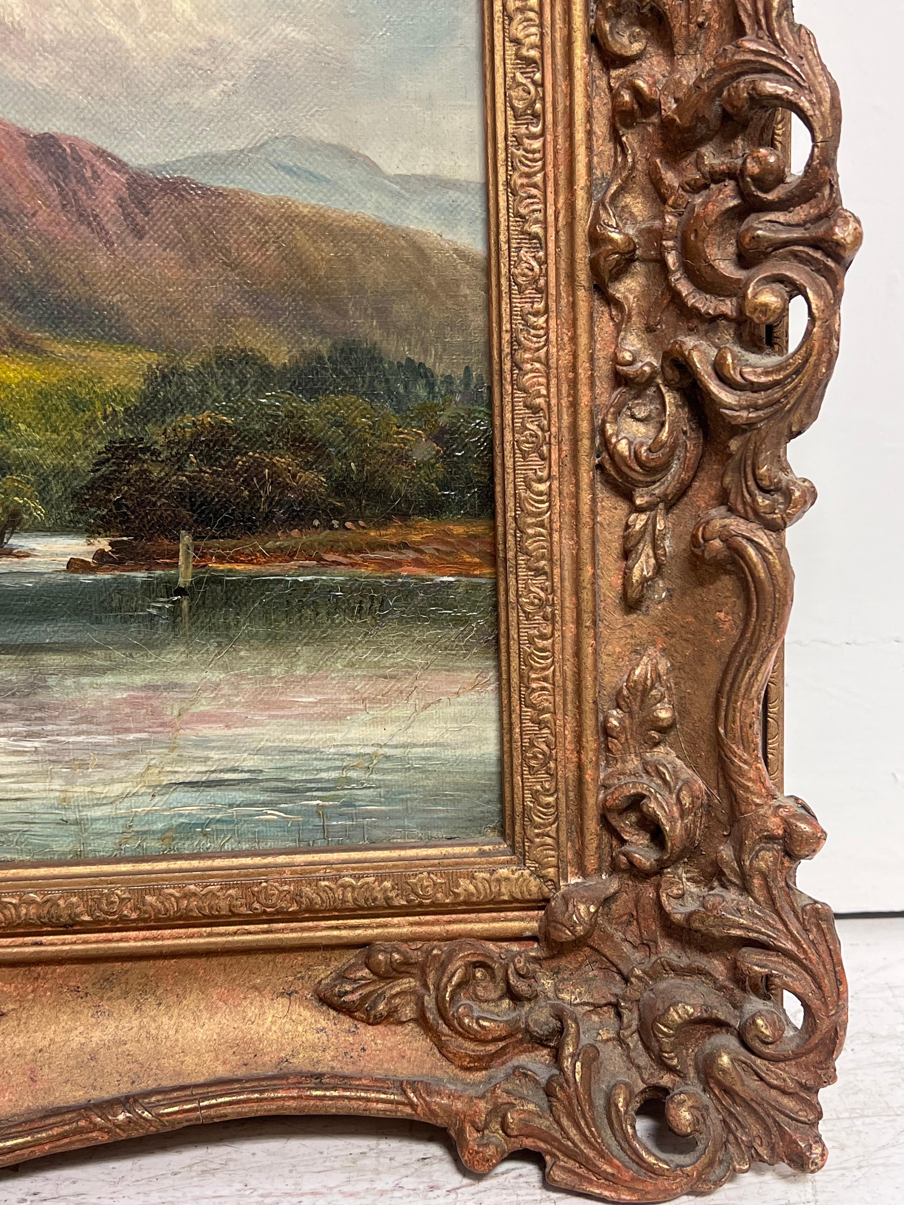 Victorian Signed Oil Painting Figure by Highland Cottage & Loch in Mountains For Sale 9