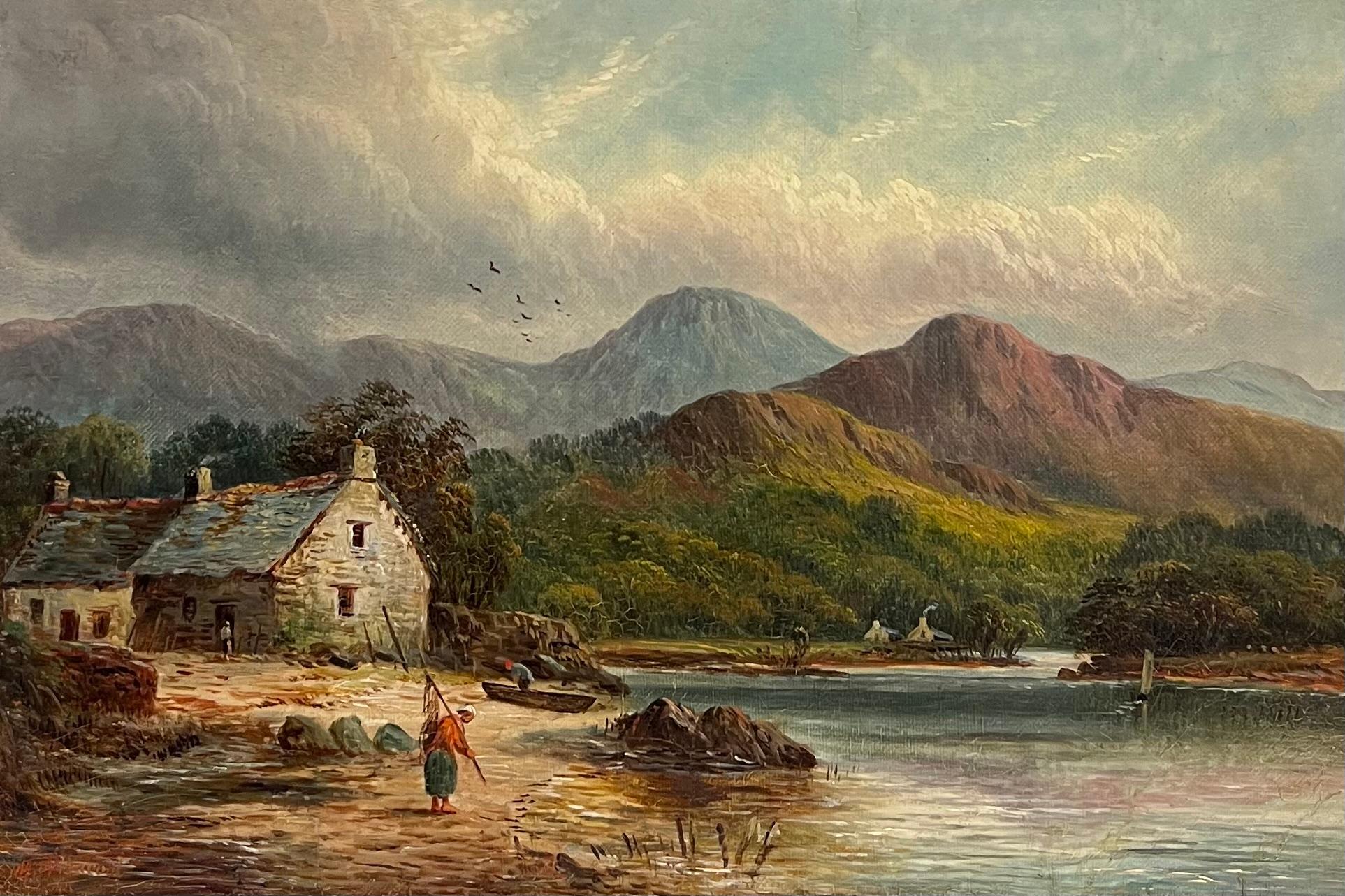 Victorian Signed Oil Painting Figure by Highland Cottage & Loch in Mountains - Brown Figurative Painting by British School