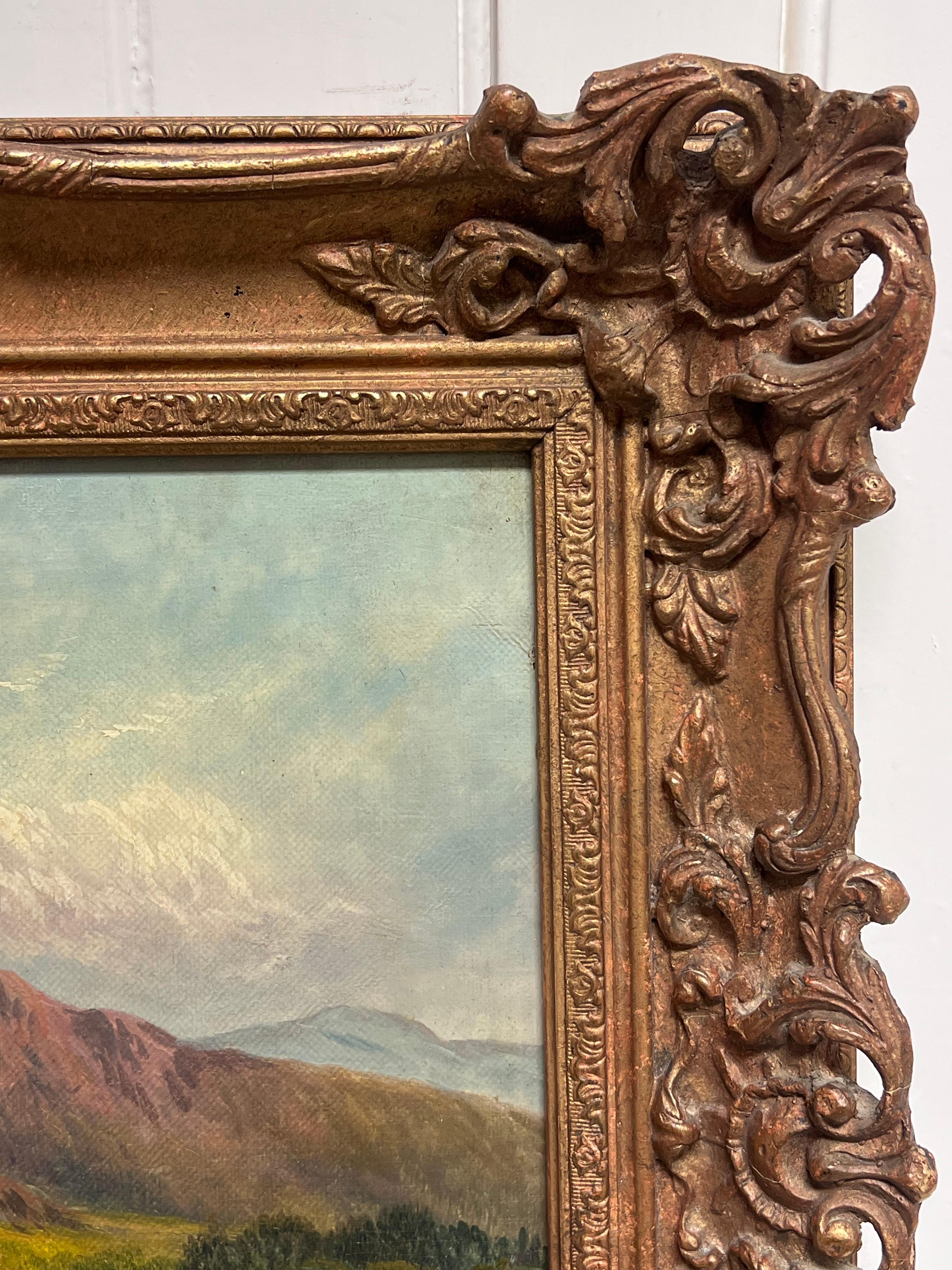 Victorian Signed Oil Painting Figure by Highland Cottage & Loch in Mountains For Sale 1