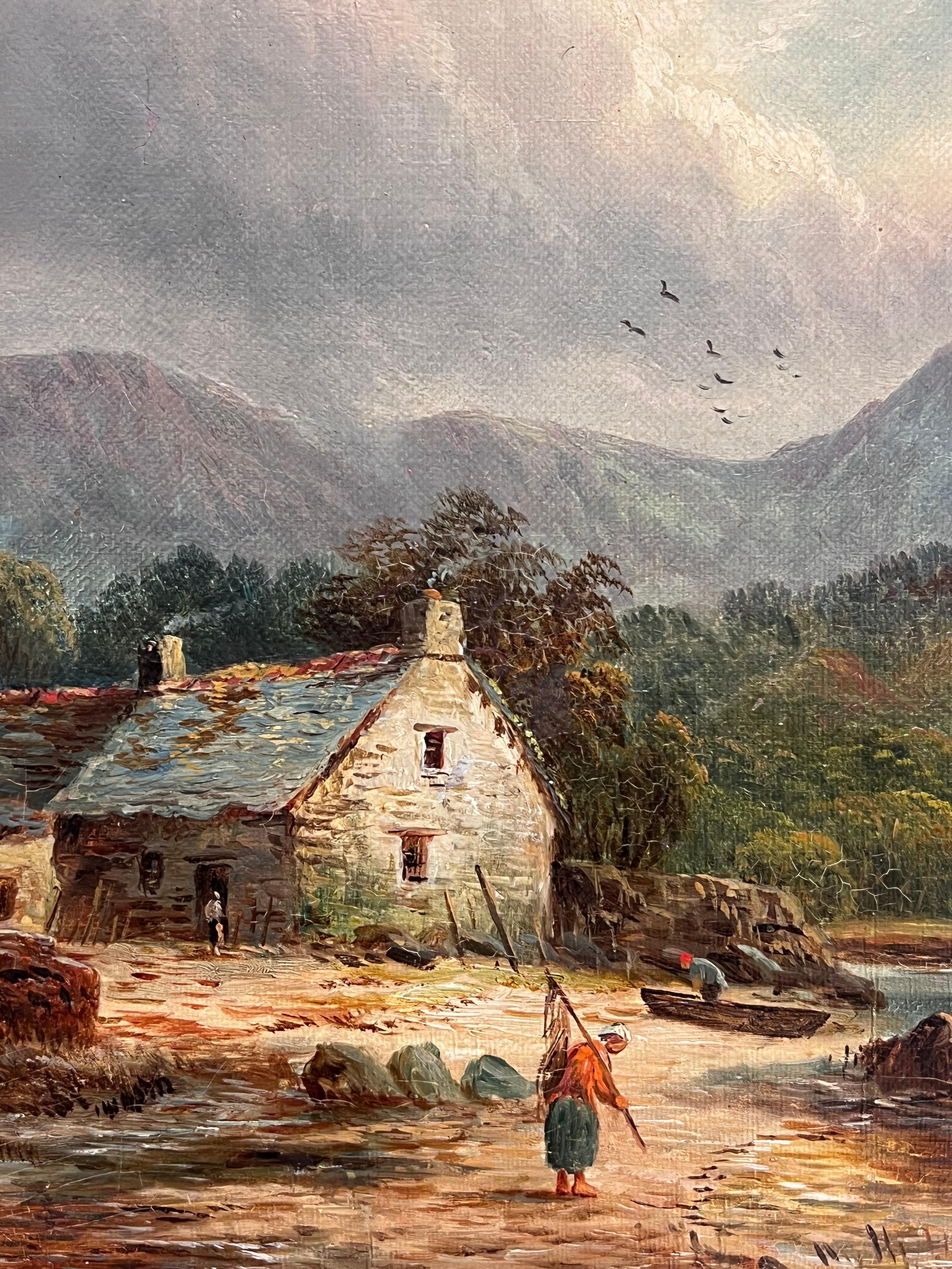 Victorian Signed Oil Painting Figure by Highland Cottage & Loch in Mountains For Sale 2