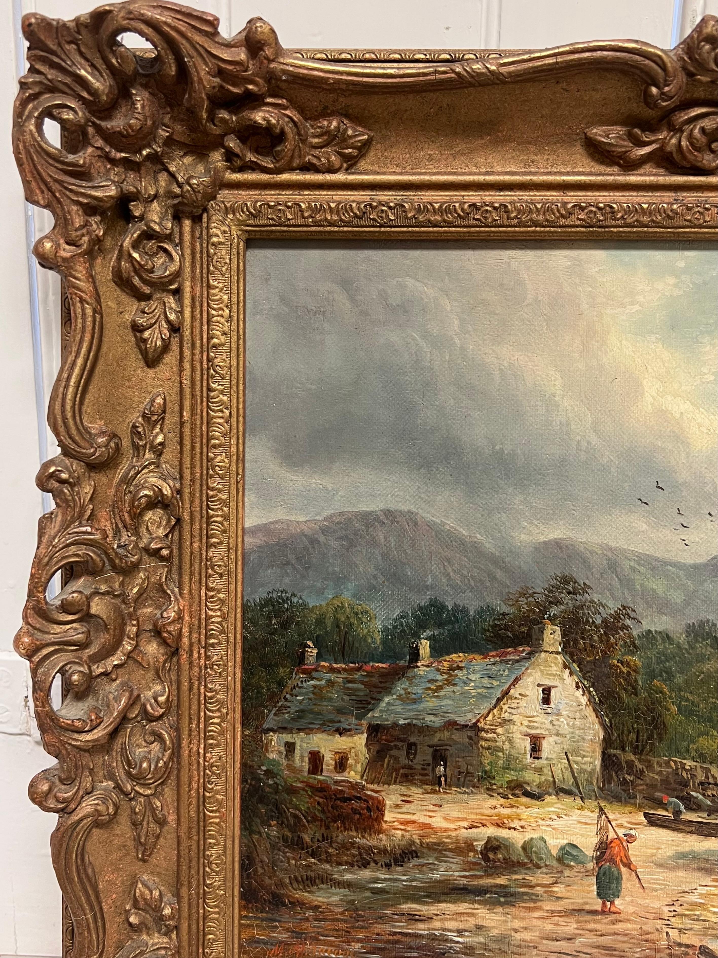 Victorian Signed Oil Painting Figure by Highland Cottage & Loch in Mountains For Sale 3