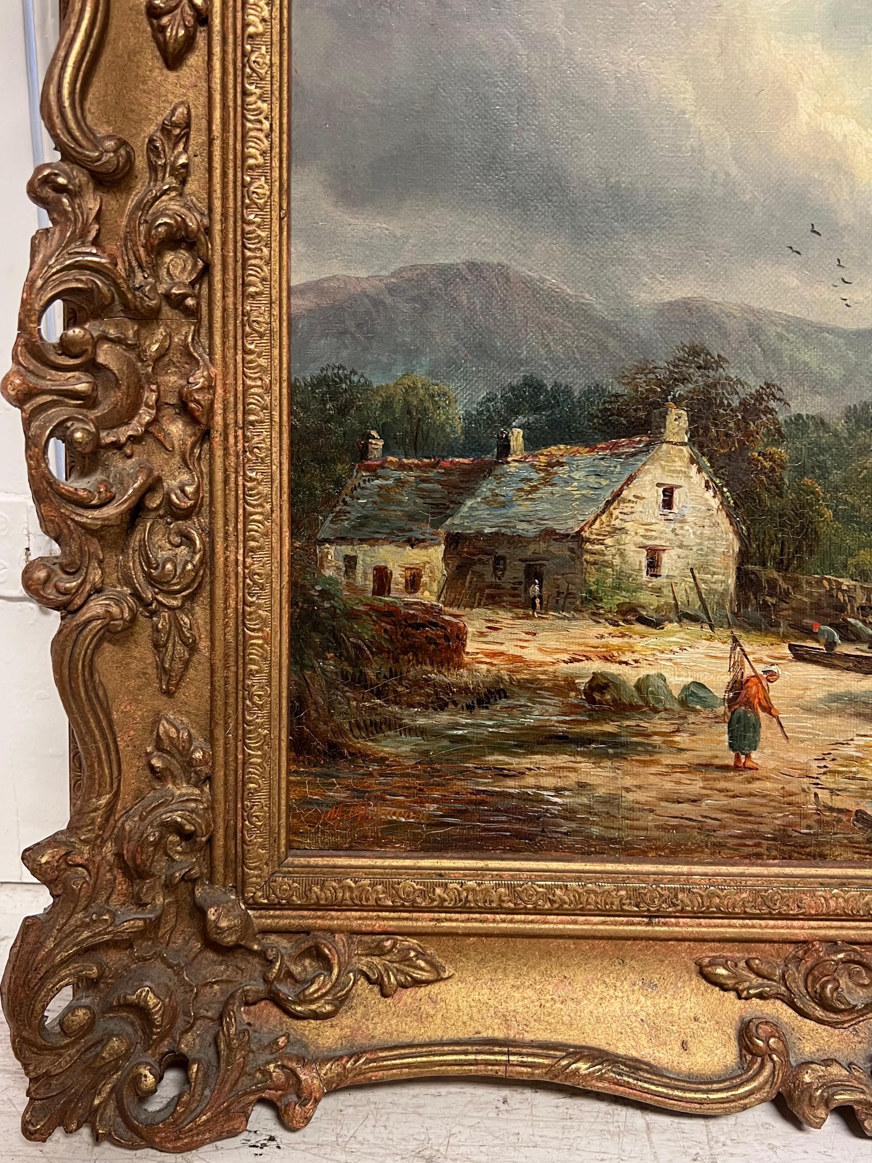 Victorian Signed Oil Painting Figure by Highland Cottage & Loch in Mountains For Sale 4