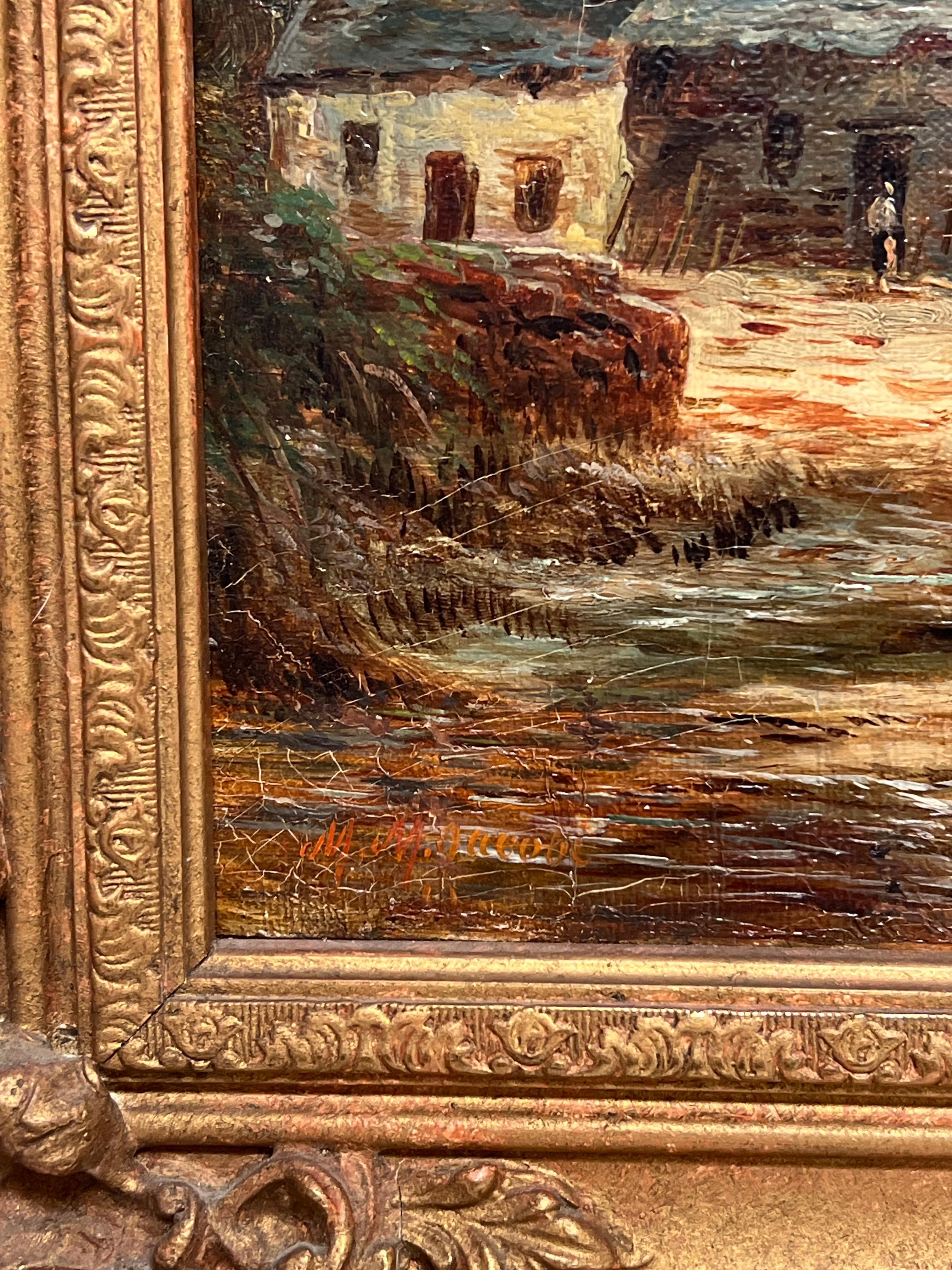 Victorian Signed Oil Painting Figure by Highland Cottage & Loch in Mountains For Sale 5