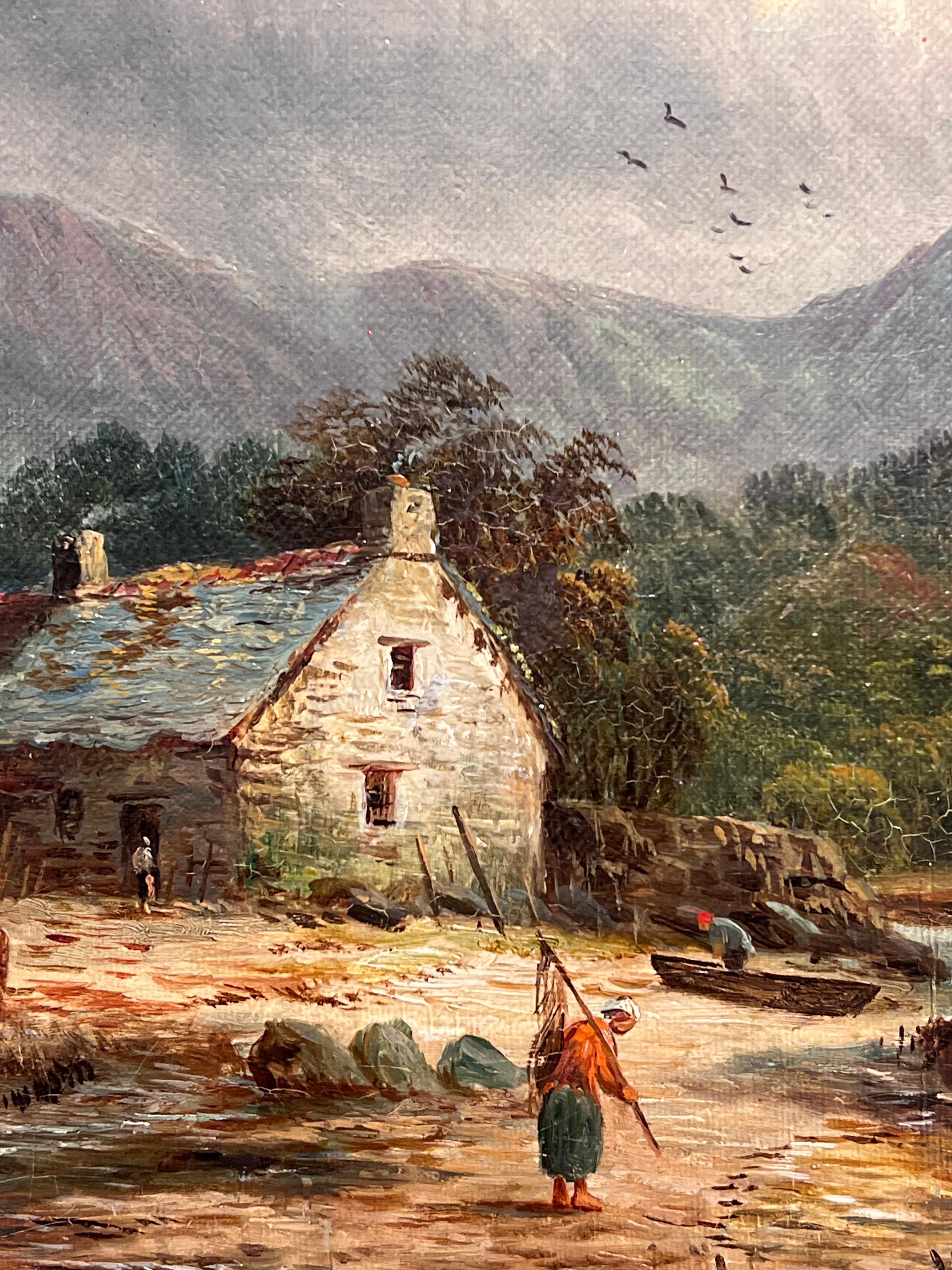 Victorian Signed Oil Painting Figure by Highland Cottage & Loch in Mountains For Sale 6