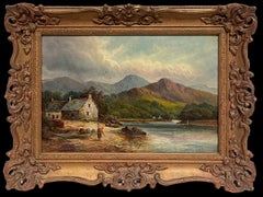 Victorian Signed Oil Painting Figure by Highland Cottage & Loch in Mountains