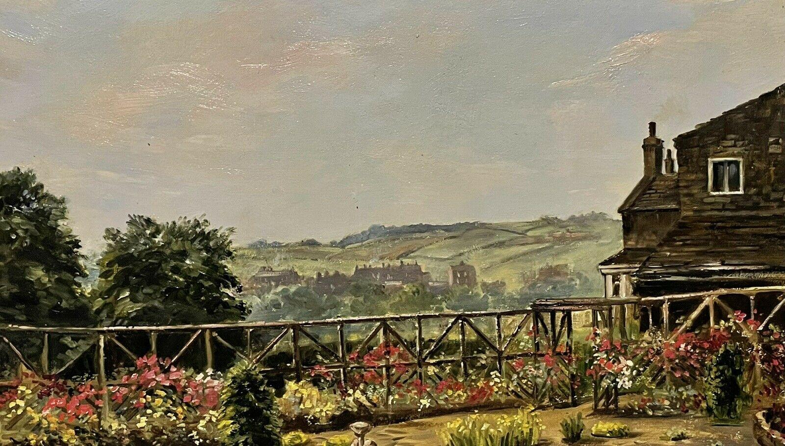 Giardino e terrazza di una casa di campagna con viste panoramiche di ampia portata, olio - Figurative Painting Marrone di British School