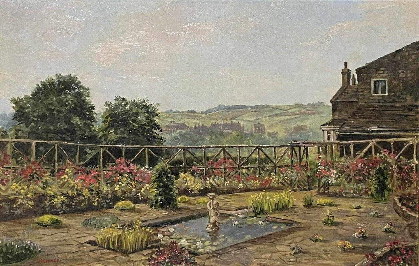 British School Figurative Painting - Country House Garden and Terrace Far Reaching Panoramic Landscape Views, oil