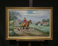 Very Large English Fox Hunting Country Scene Oil Painting, signed & framed