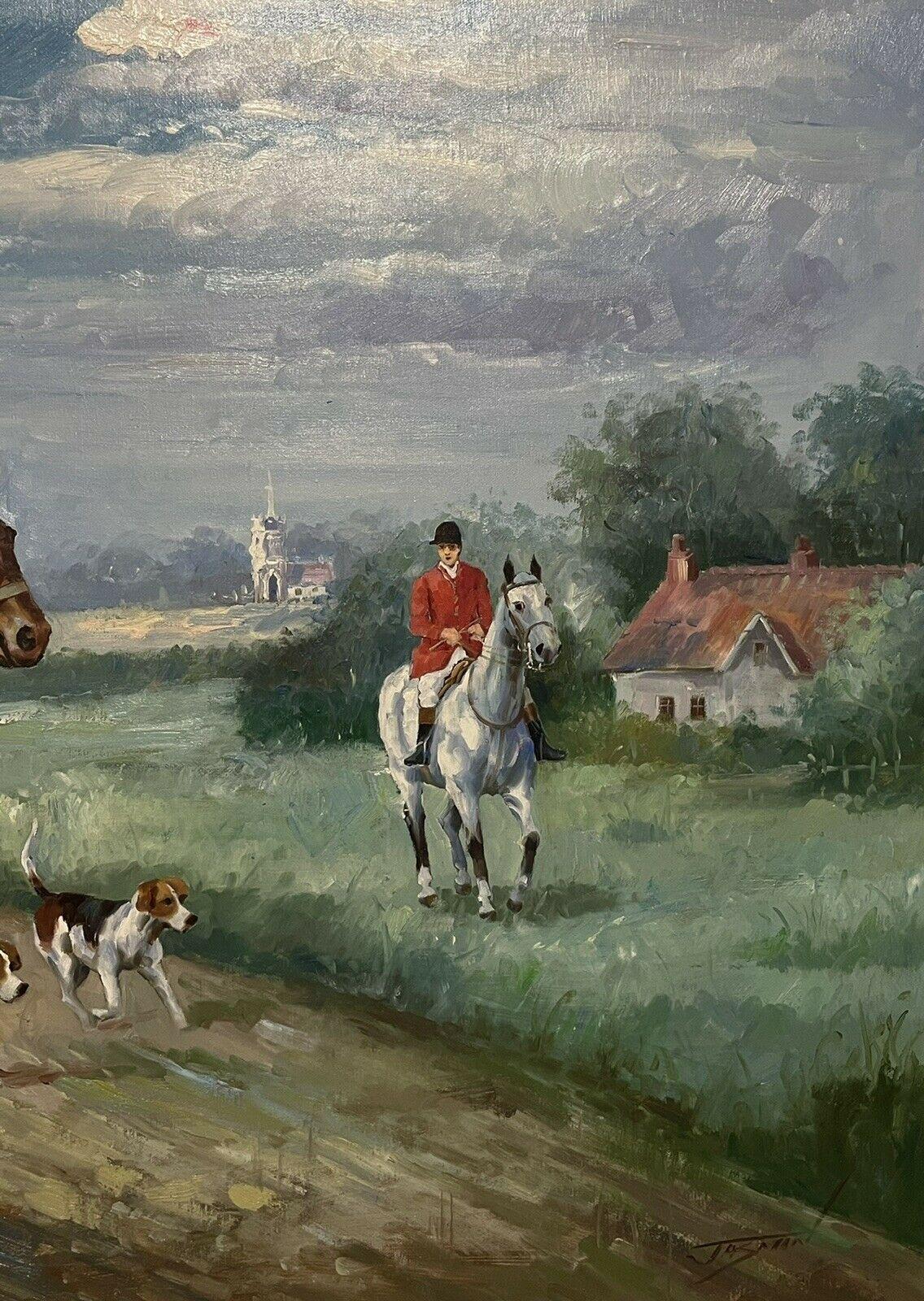 Very Large English Fox Hunting Country Scene Oil Painting, signed & framed - Gray Landscape Painting by British School