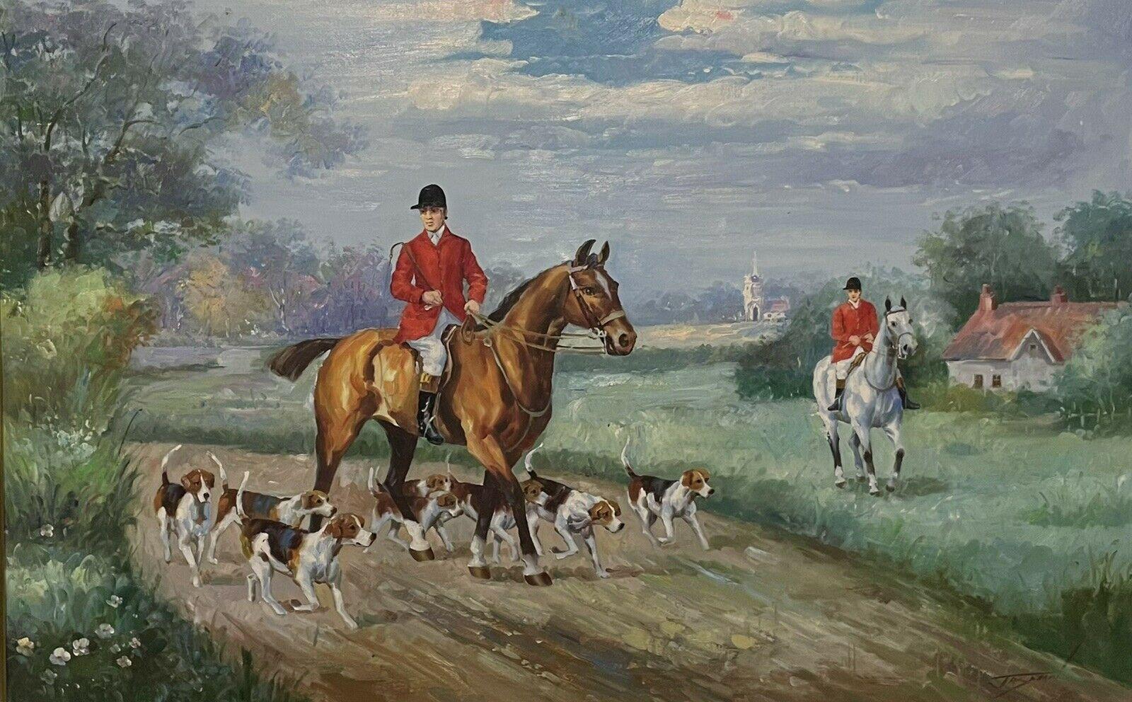 British School Landscape Painting - Very Large English Fox Hunting Country Scene Oil Painting, signed & framed