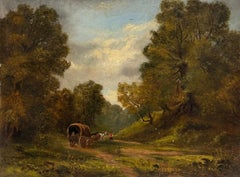 19th Century British Landscape Horse and Cart Woodland Scene Oil Painting