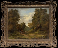 19th Century British Landscape Horse and Cart Woodland Scene Oil Painting