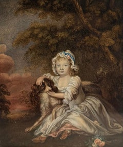 19th Century Portrait of Young Girl with Spaniel Dog Watercolour Painting