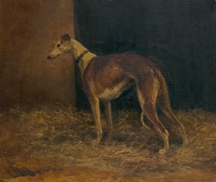 English Greyhound in Barn Interior 19th Century Sporting Dog Oil Painting