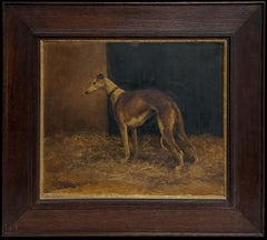 English Greyhound in Barn Interior 19th Century Sporting Dog Oil Painting