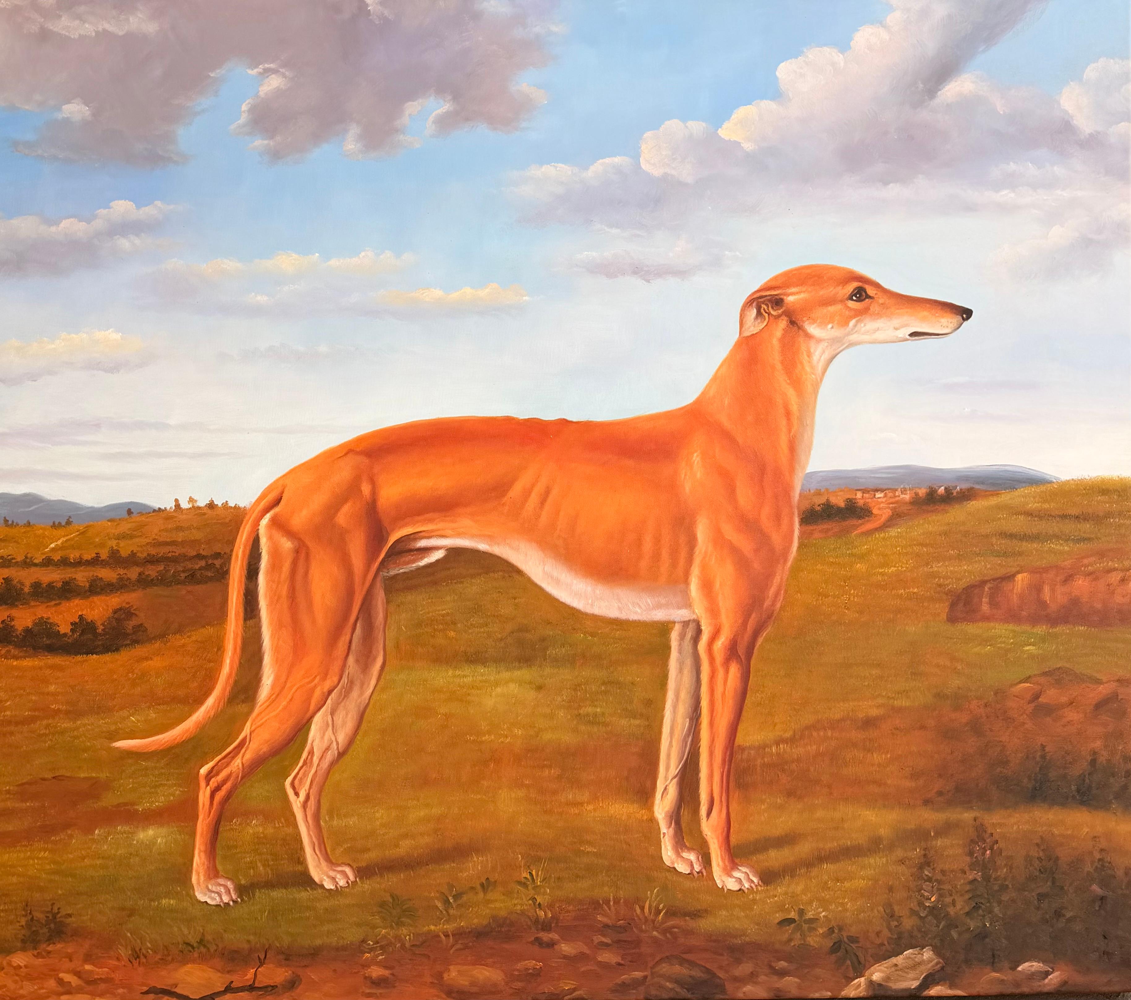 British School Portrait Painting – Huge English Sporting Dog Ölgemälde Tan Greyhound Whippet in Landschaft