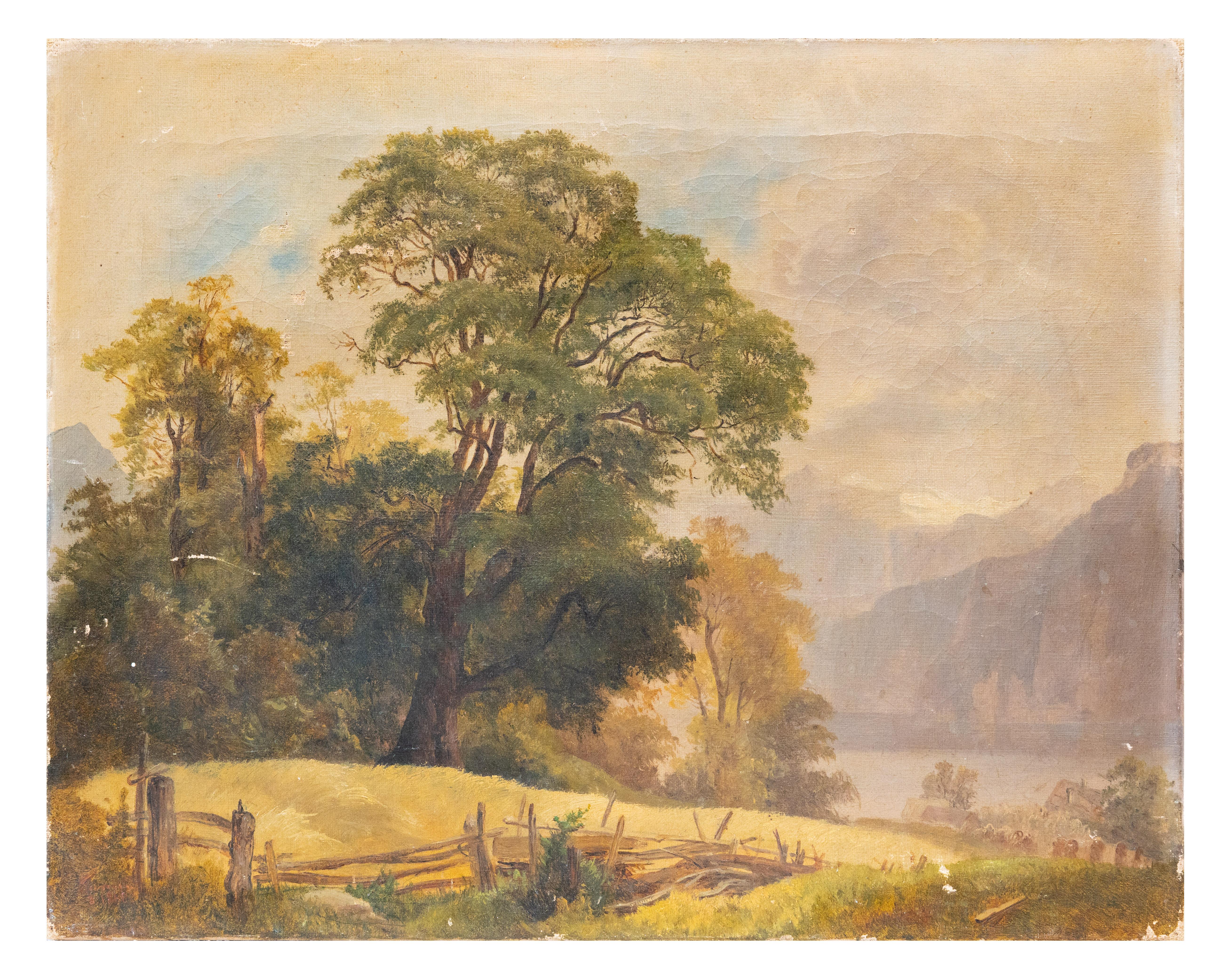 British School Landscape Painting - Landscape with a lake and cottages, possibly Scothland