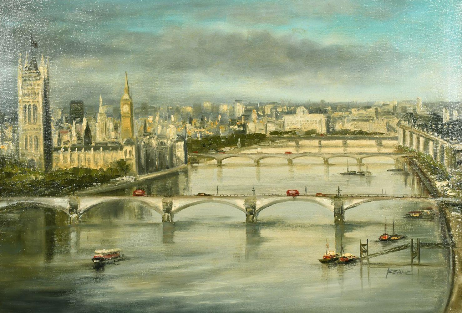 British School Landscape Painting - The London Skyline viewed from River Thames above its Bridges, original oil 