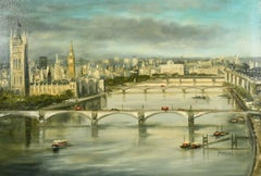 Vintage The London Skyline viewed from River Thames above its Bridges, original oil 