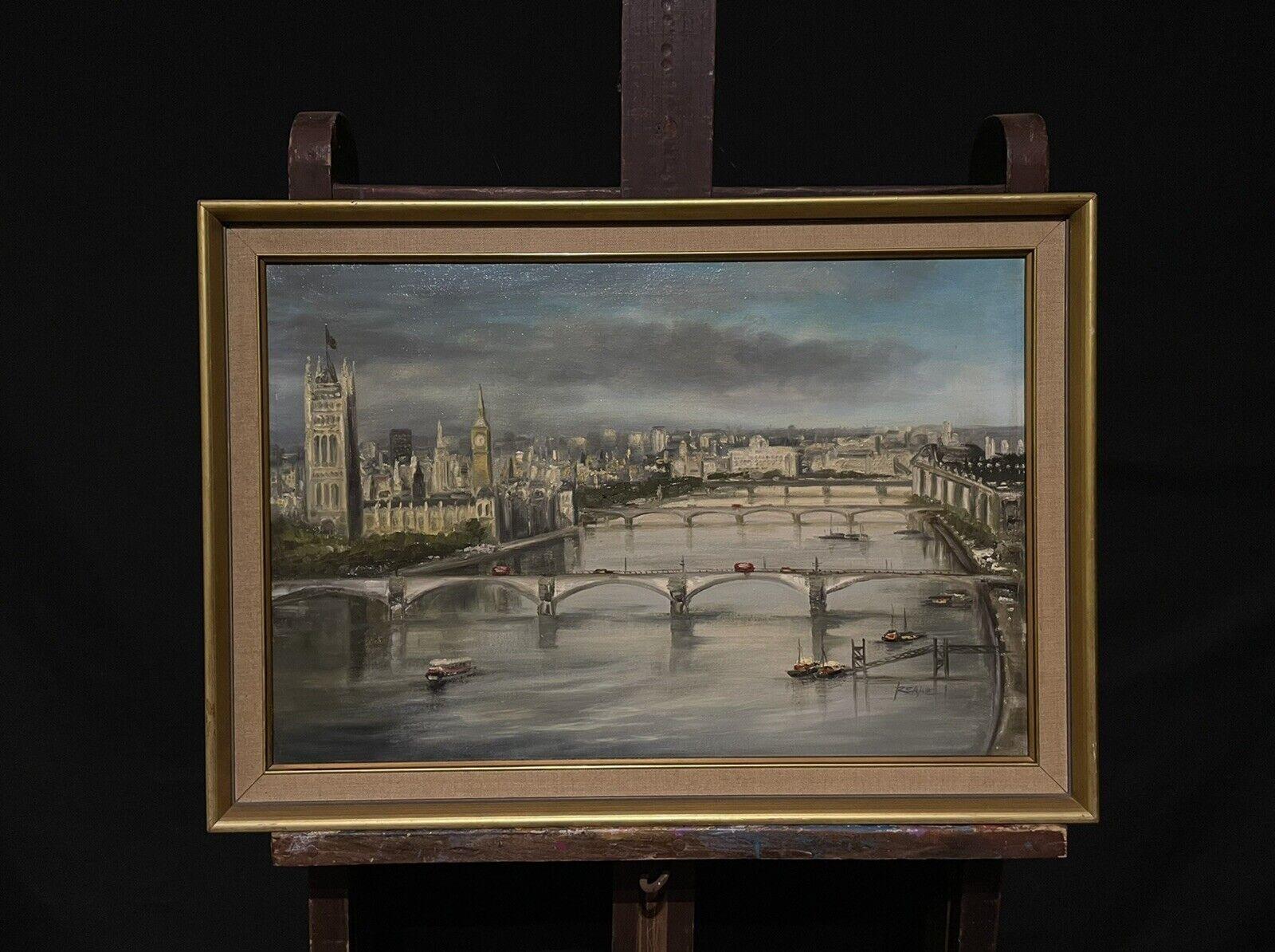 The River Thames London Skyline, Houses of Parliament & Big Ben, signed oil  - Painting by British School